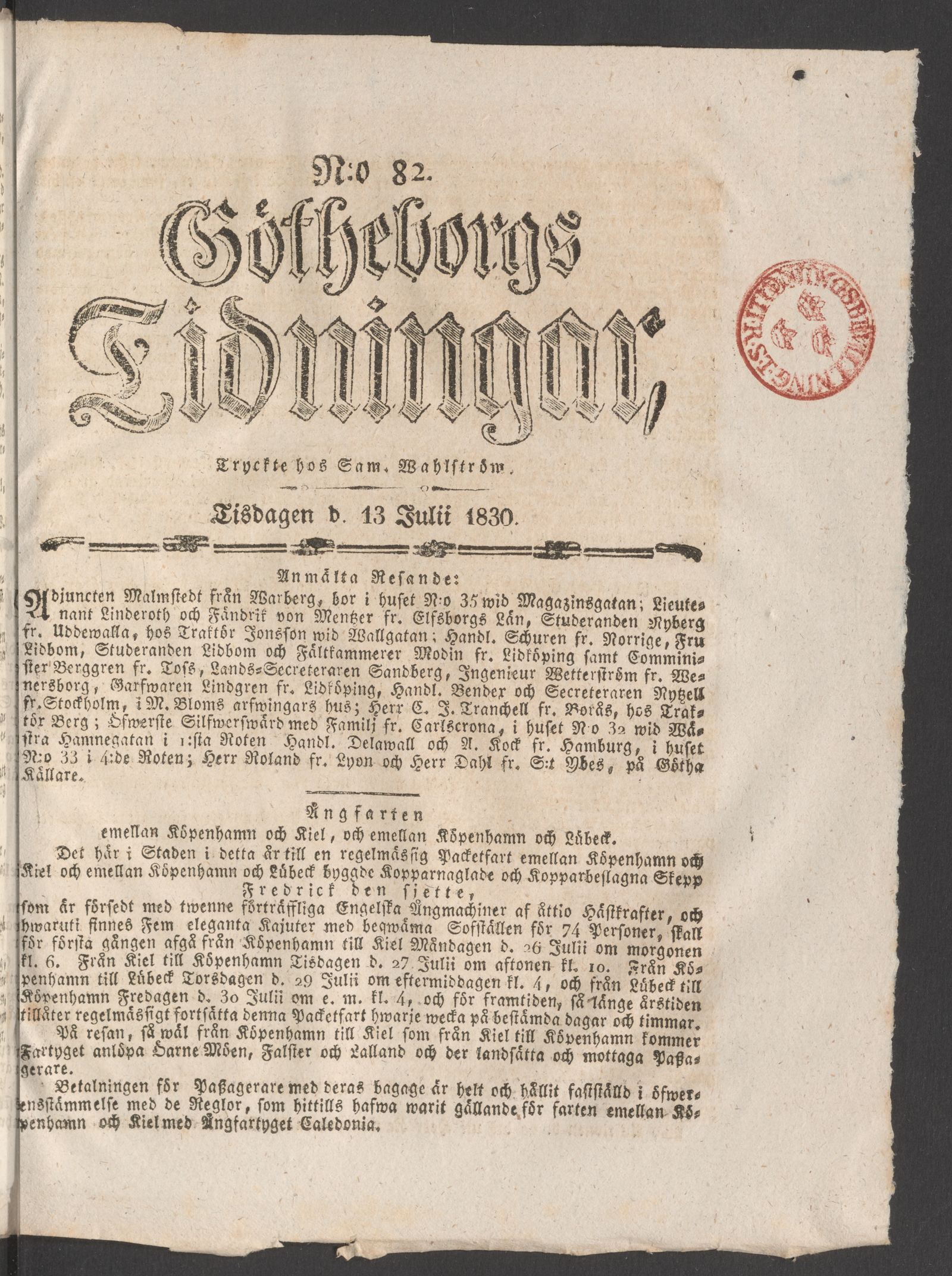 Tidningssida ur GÖTHEBORGS TIDNINGAR, 1830-07-13