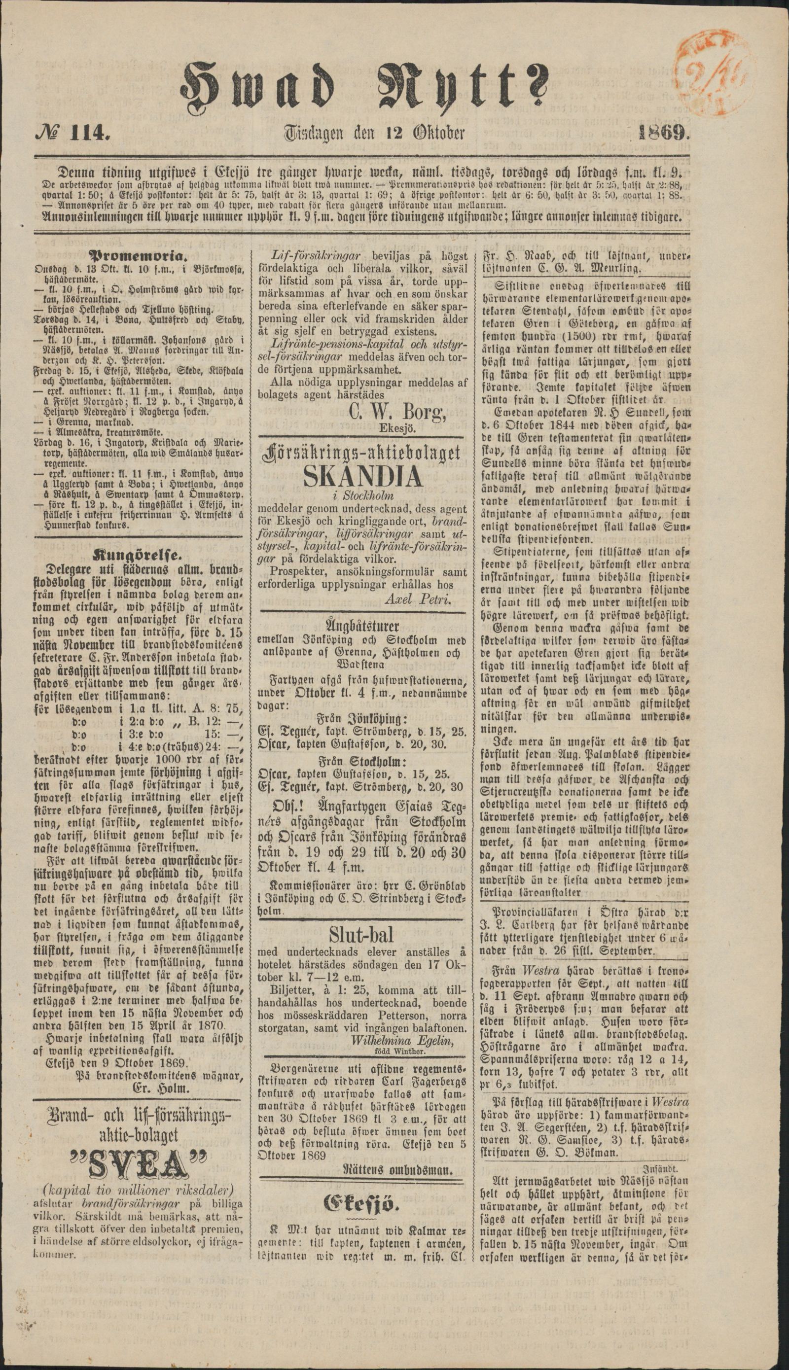 Tidningssida ur HVAD NYTT?, 1869-10-12