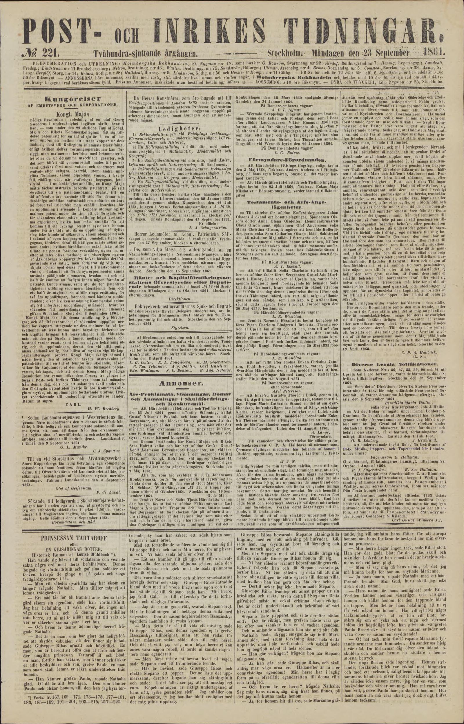 Tidningssida ur Post- Och Inrikes Tidningar, 1861-09-23