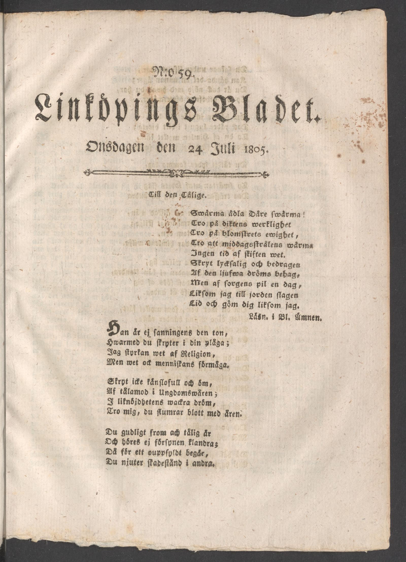 Tidningssida ur LINKÖPINGSBLADET, 1805-07-24