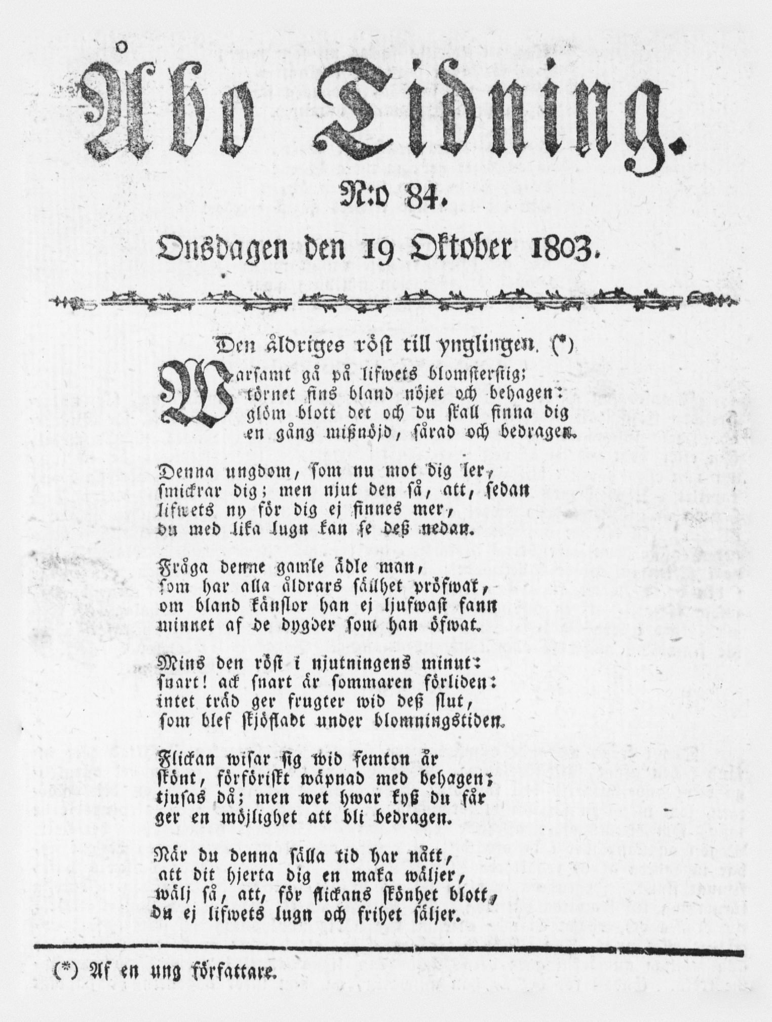 Tidningssida ur ÅBO TIDNING, 1803-10-19