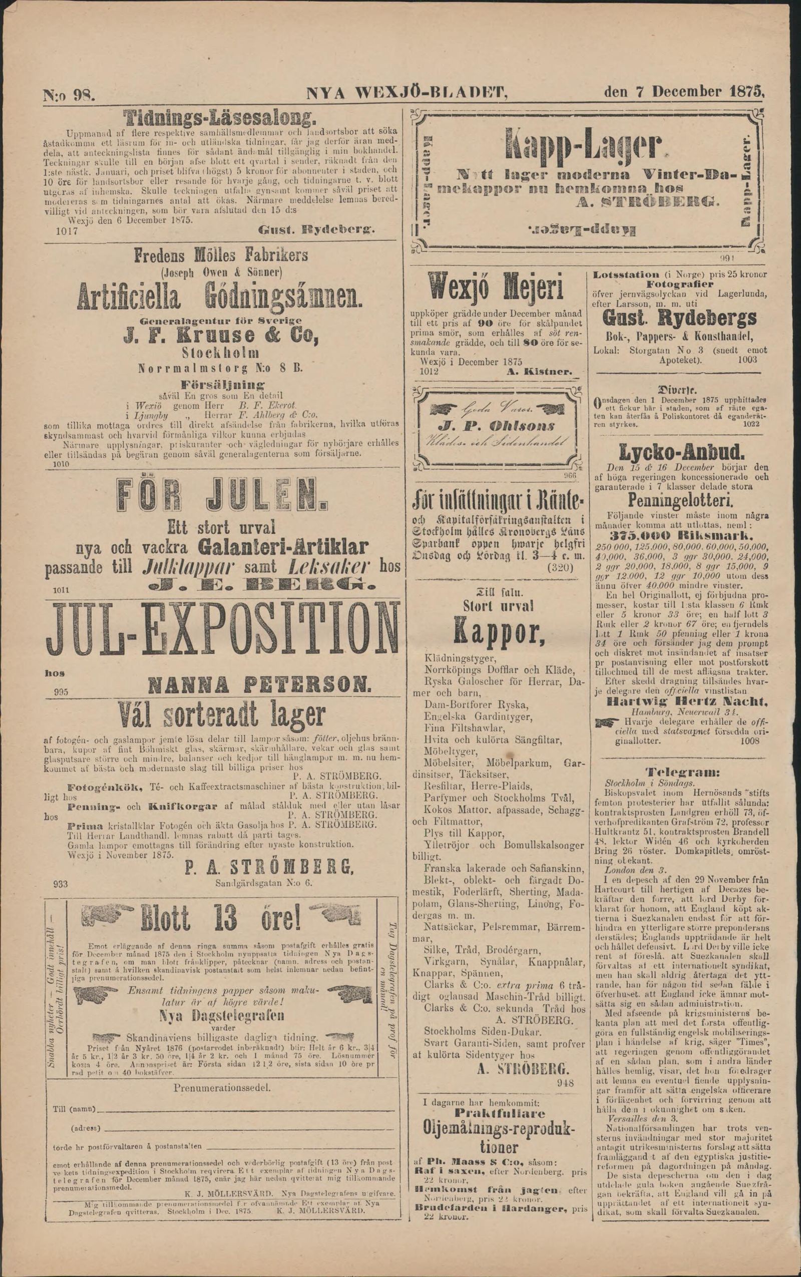 Tidningssida ur Nya Wexjöbladet, 1875-12-07