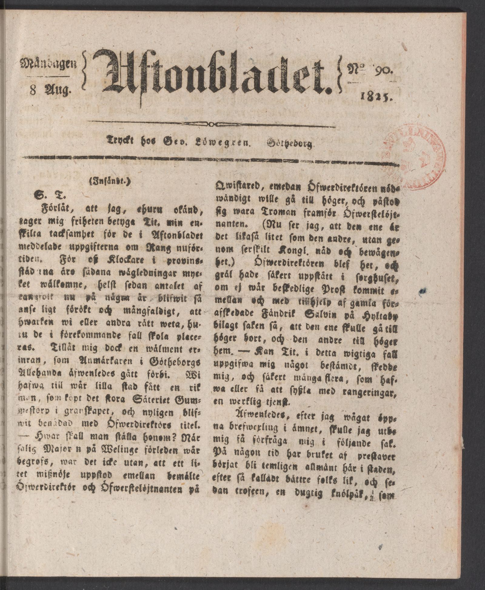 Tidningssida ur AFTONBLADET, 1825-08-08
