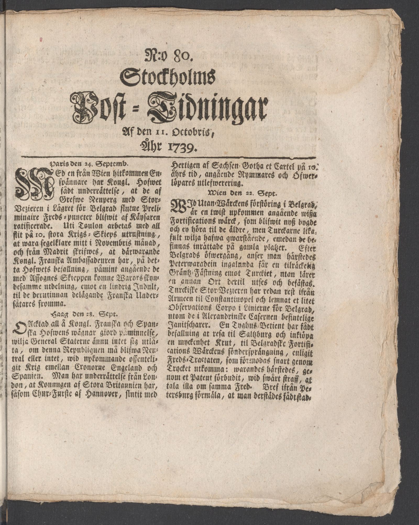 Tidningssida ur POSTTIDNINGAR, 1739-10-11