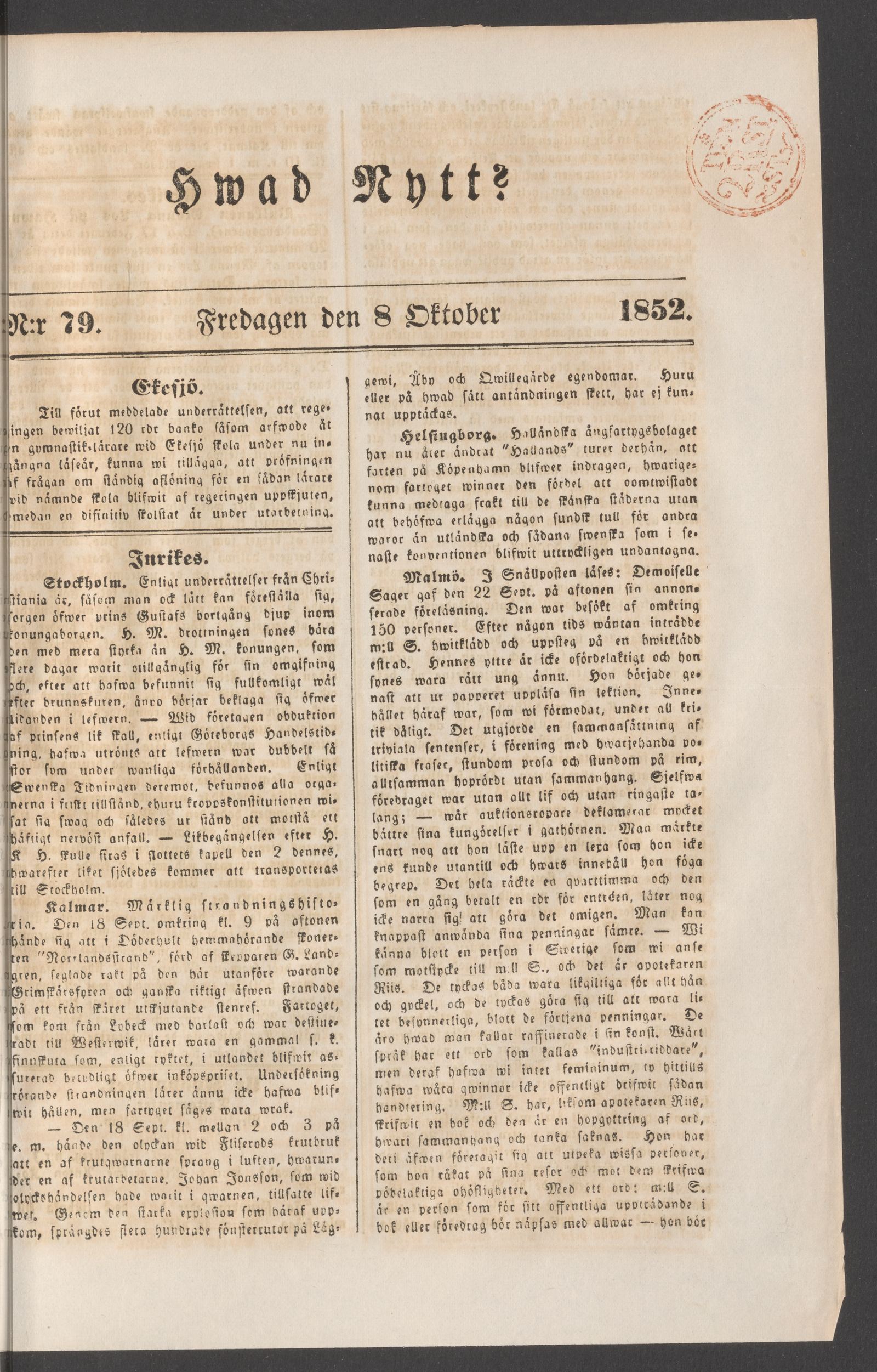 Tidningssida ur HVAD NYTT?, 1852-10-08