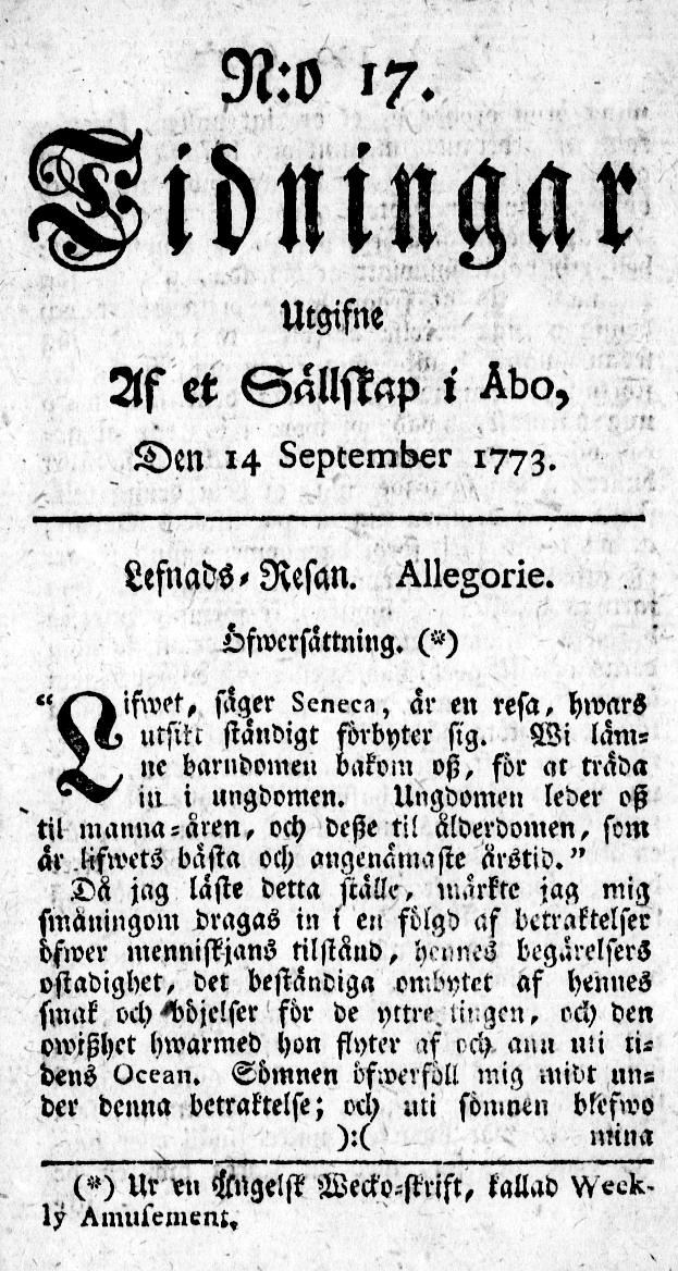 Tidningssida ur TIDNINGAR UTGIFNE AF ET SÄLLSKAP I ÅBO, 1773-09-14