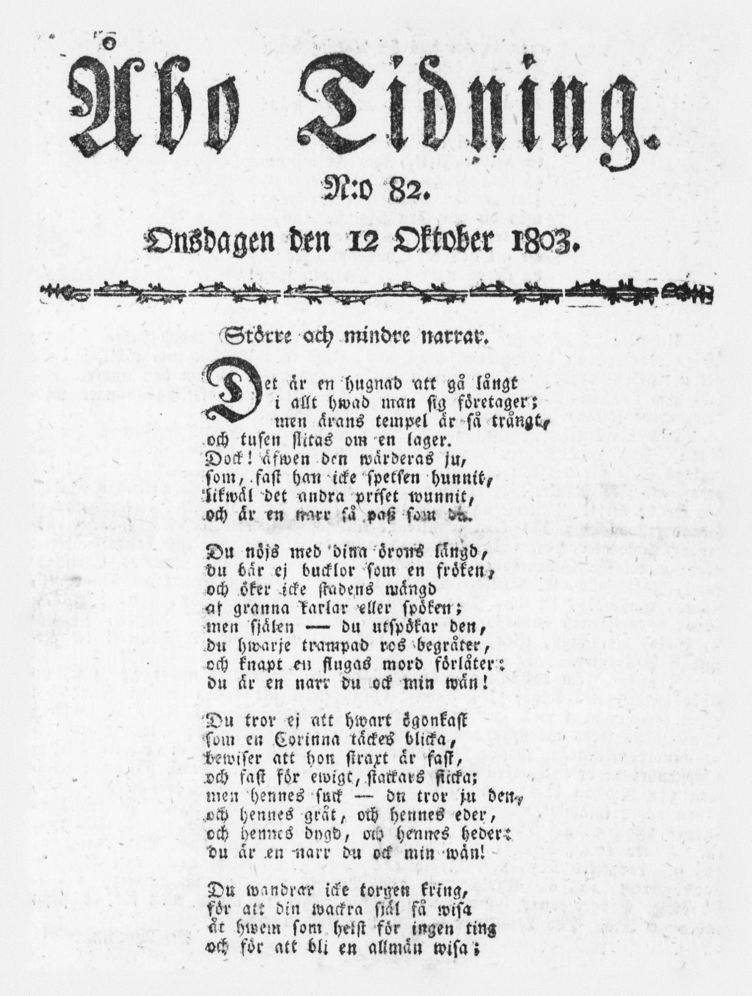 Tidningssida ur ÅBO TIDNING, 1803-10-12
