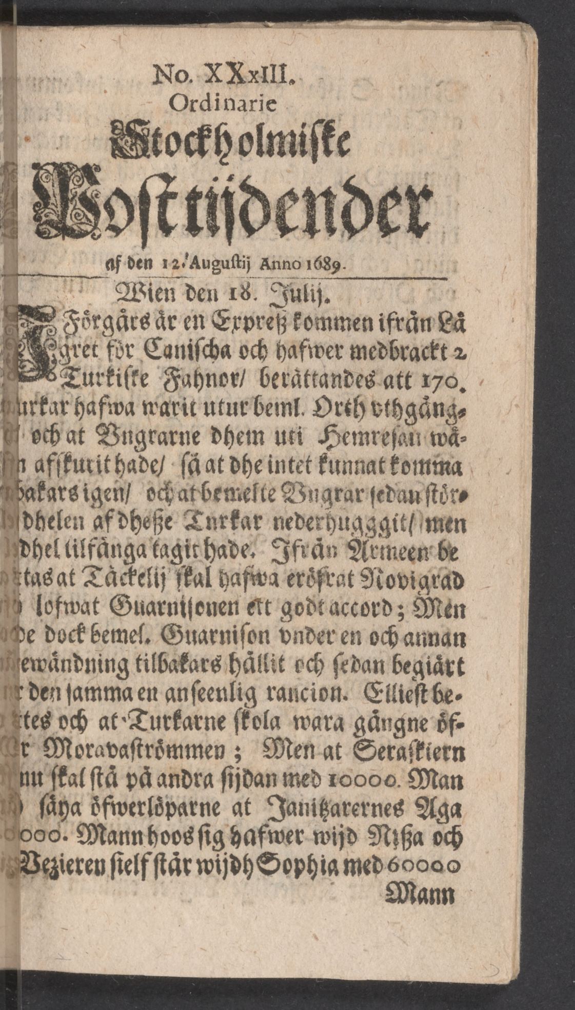 Tidningssida ur POSTTIDNINGAR, 1689-08-12