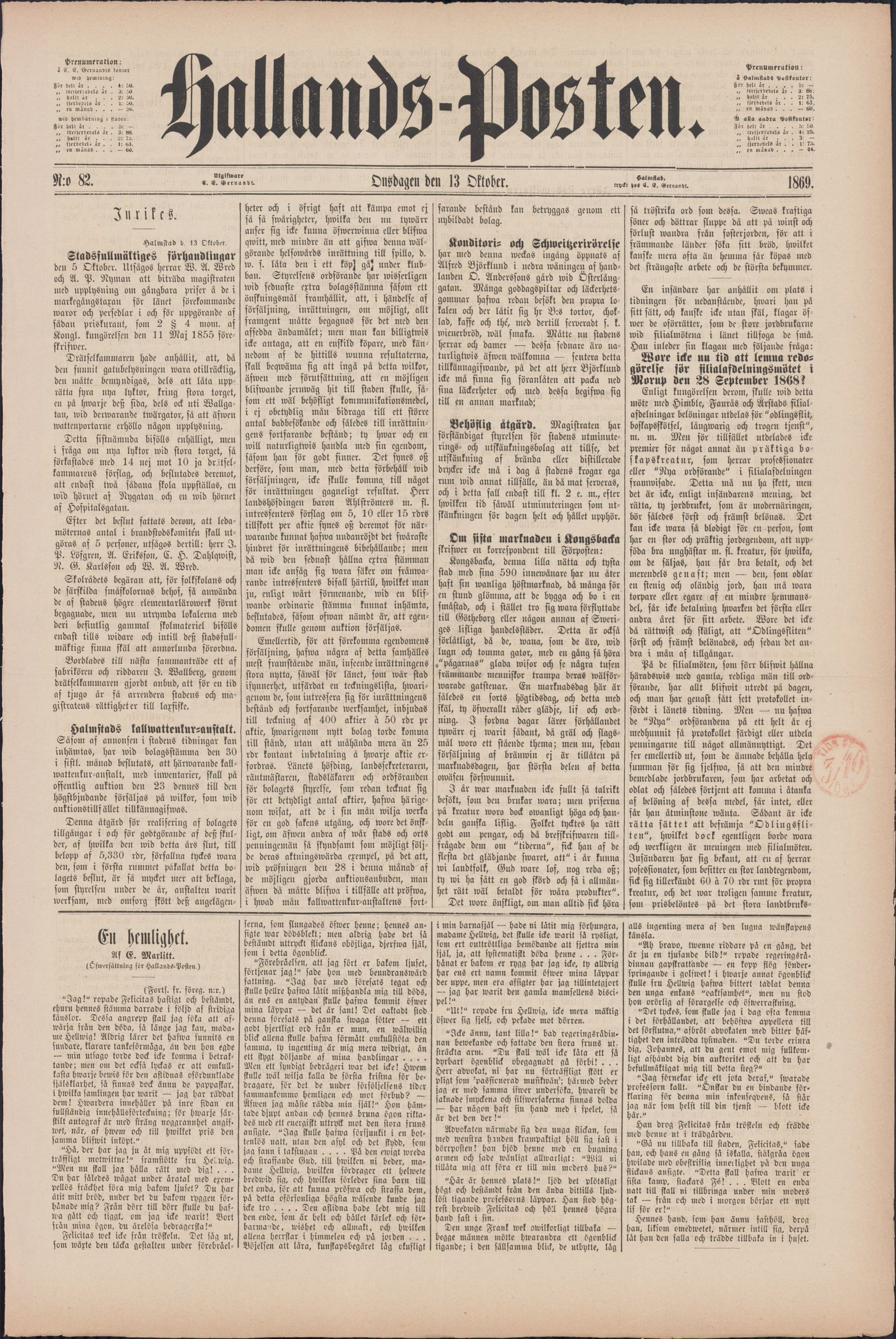 Tidningssida ur HALLANDSPOSTEN, 1869-10-13