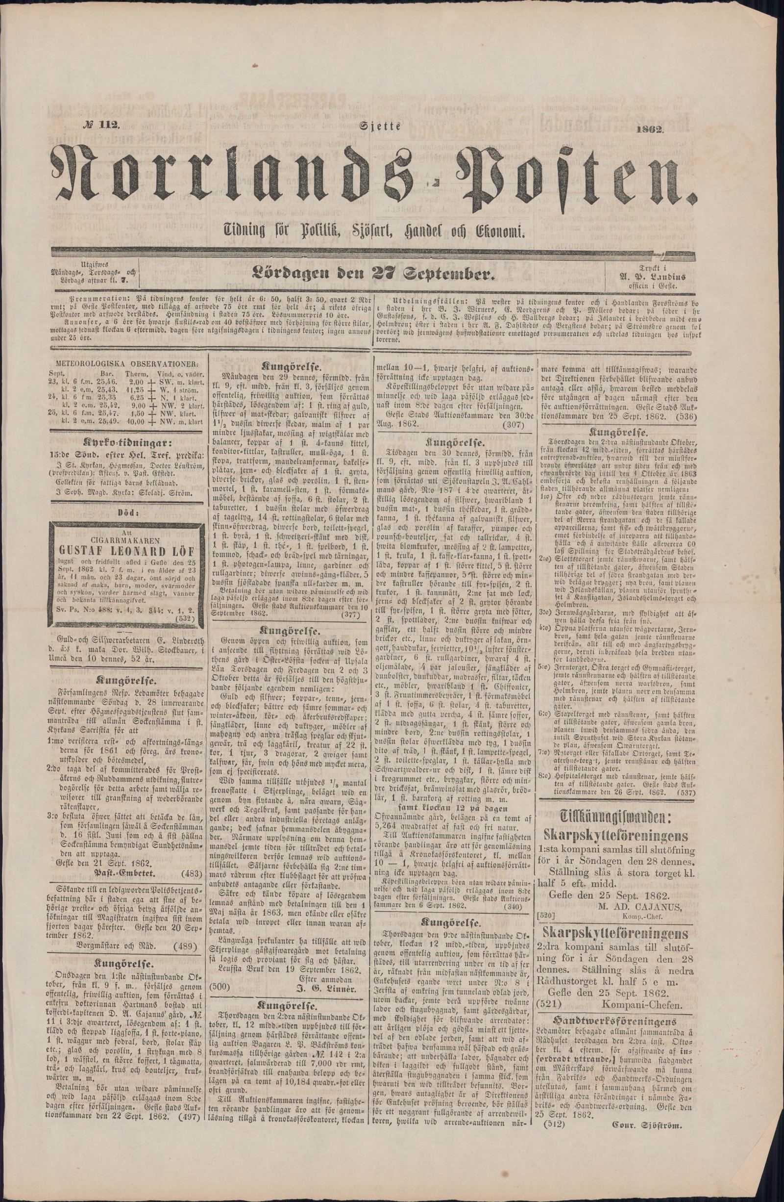 Tidningssida ur NORRLANDSPOSTEN, 1862-09-27