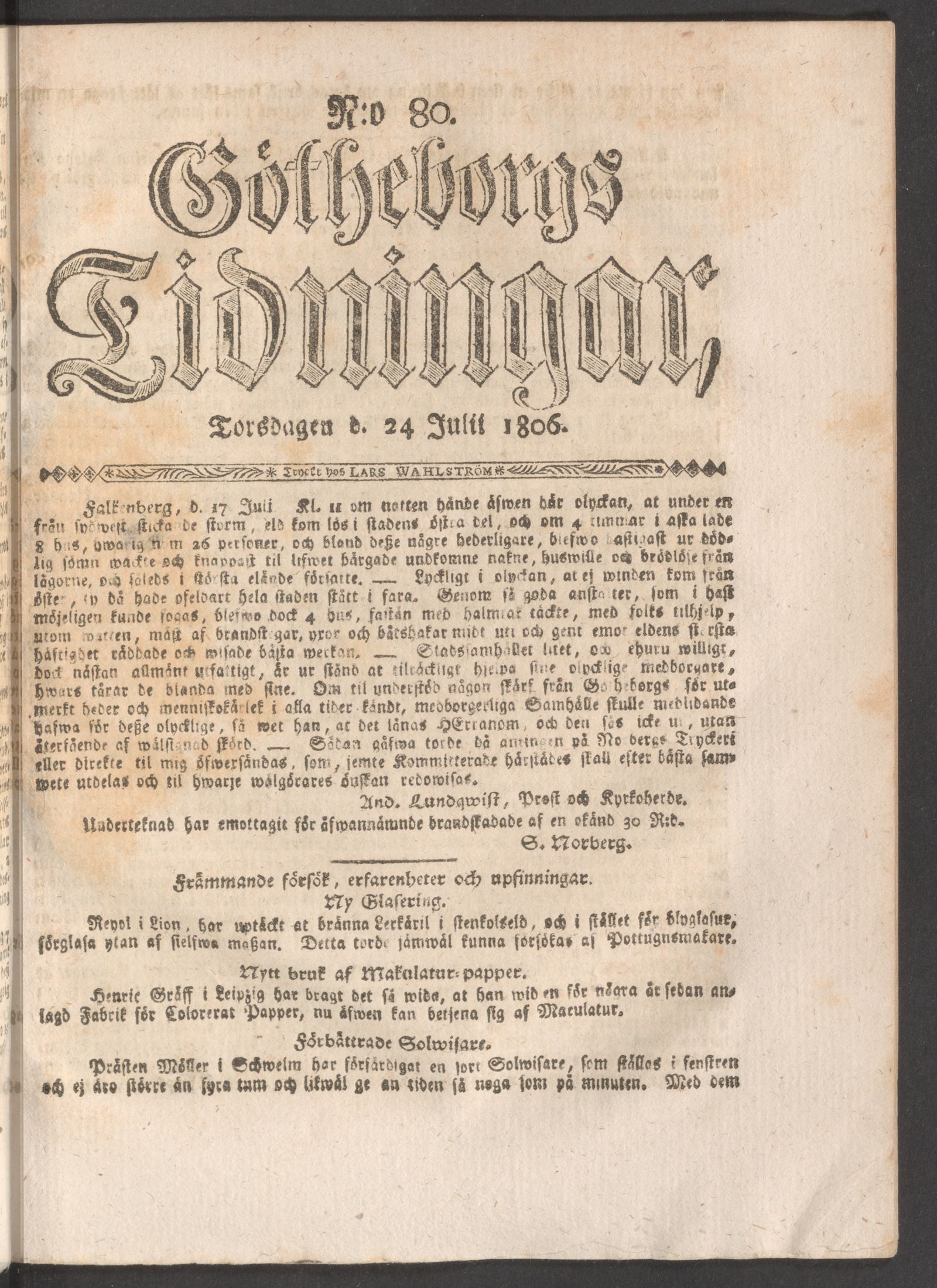 Tidningssida ur GÖTHEBORGS TIDNINGAR, 1806-07-24