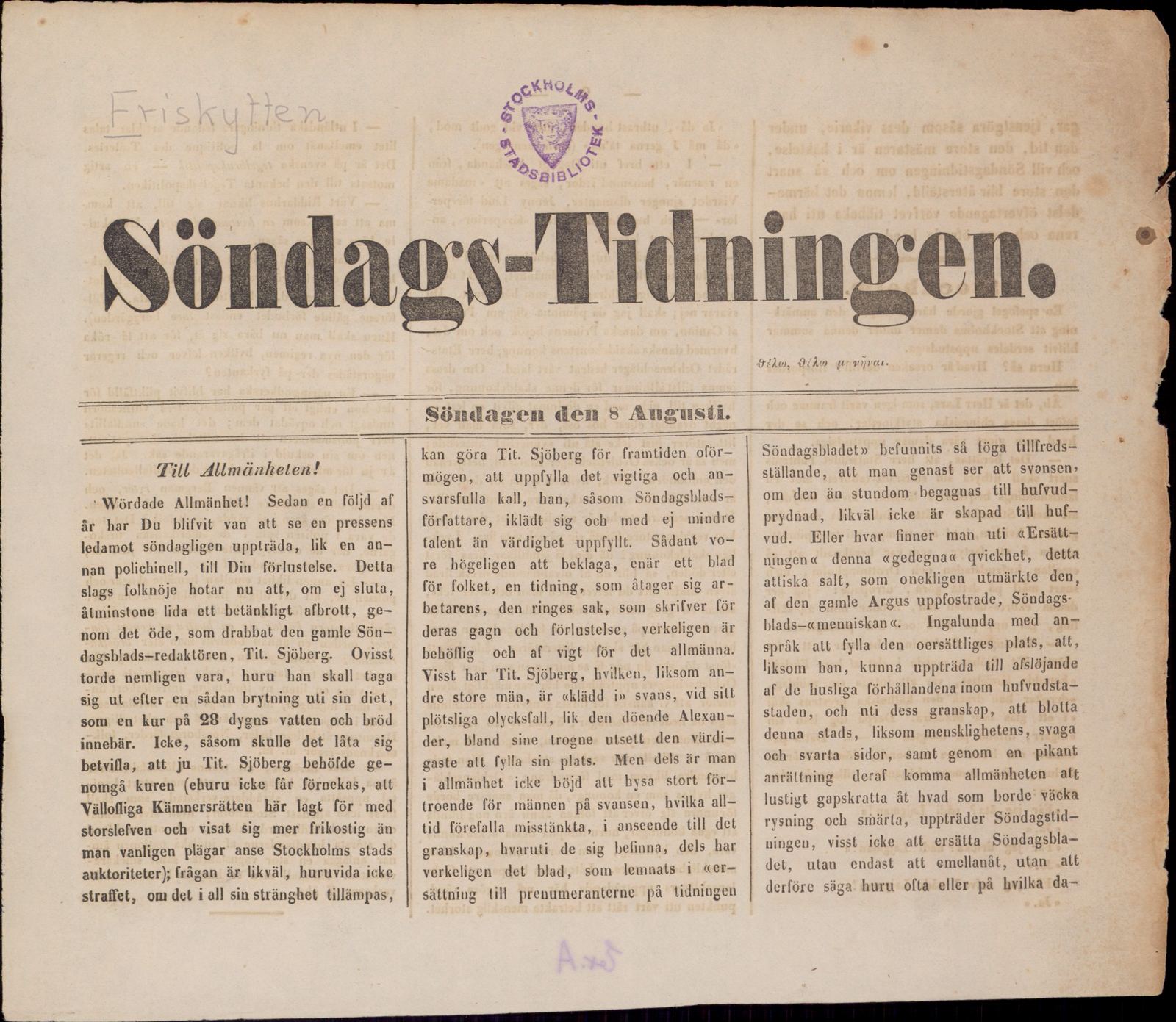 Tidningssida ur SÖNDAGSTIDNINGEN, 1847-08-08
