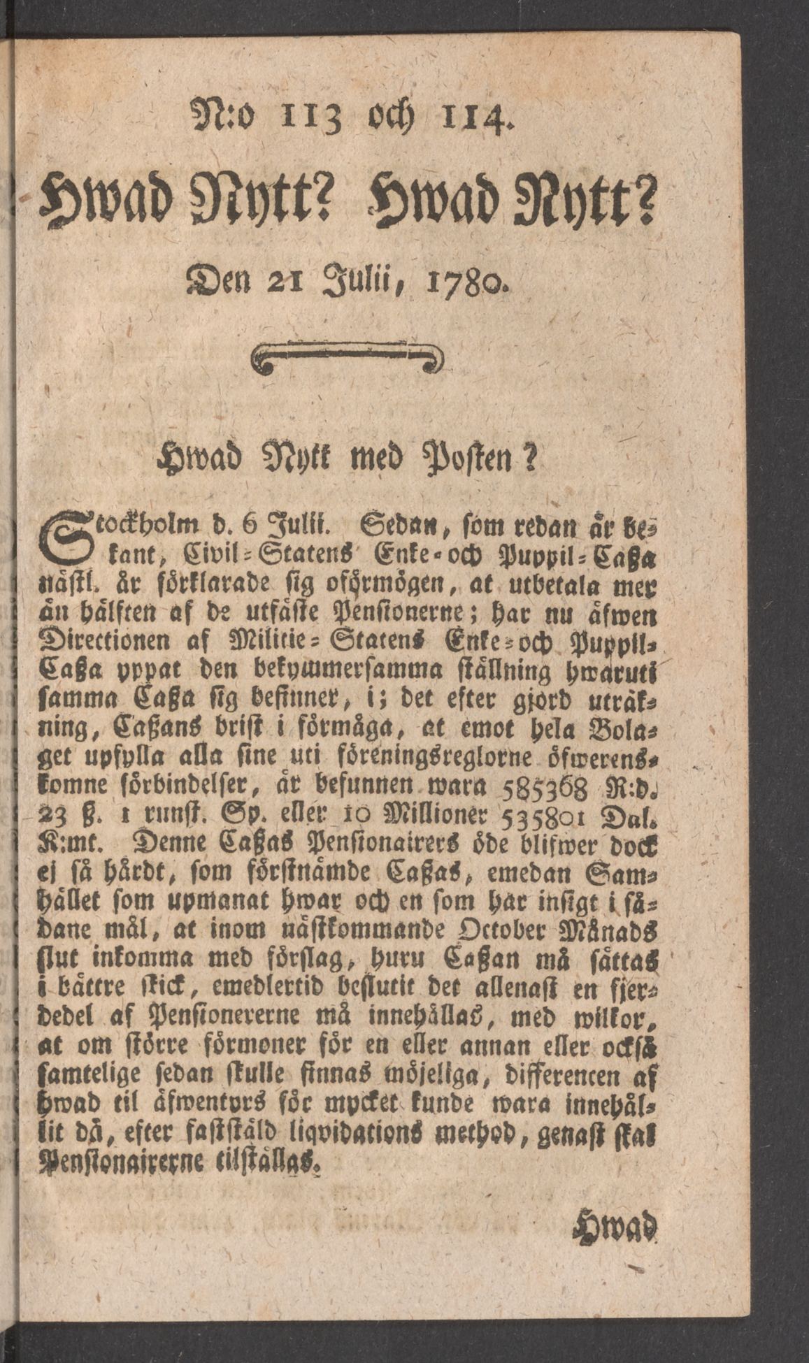 Tidningssida ur HWAD NYTT?, 1780-07-21