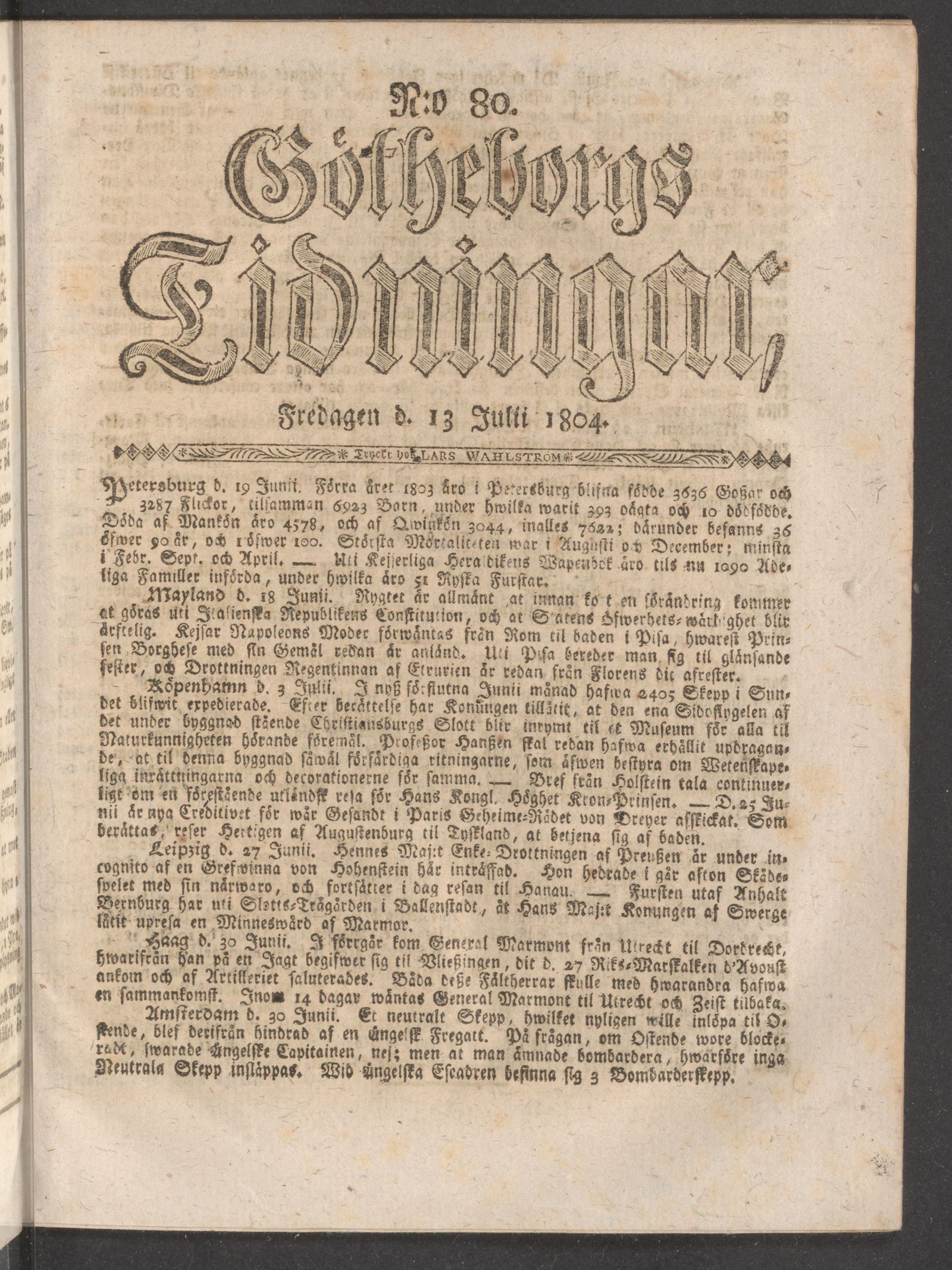 Tidningssida ur GÖTHEBORGS TIDNINGAR, 1804-07-13