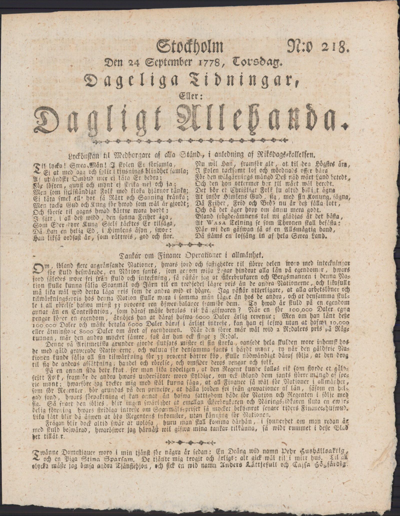 Tidningssida ur DAGLIGT ALLEHANDA, 1778-09-24
