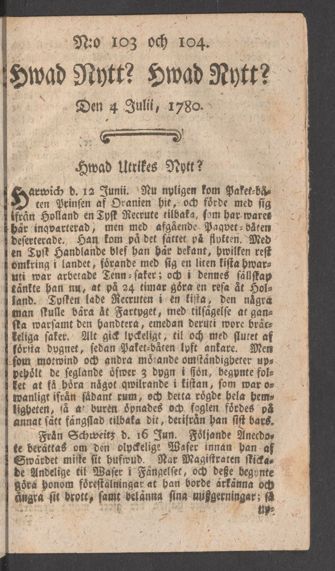 Tidningssida ur HWAD NYTT?, 1780-07-04