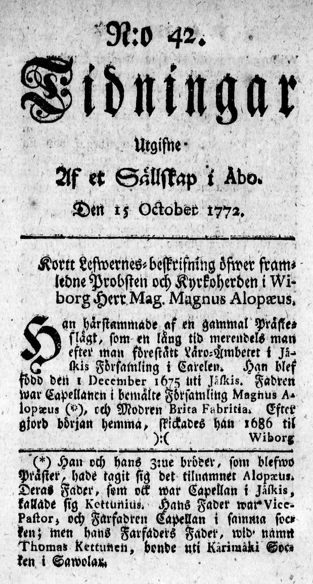 Tidningssida ur TIDNINGAR UTGIFNE AF ET SÄLLSKAP I ÅBO, 1772-10-15
