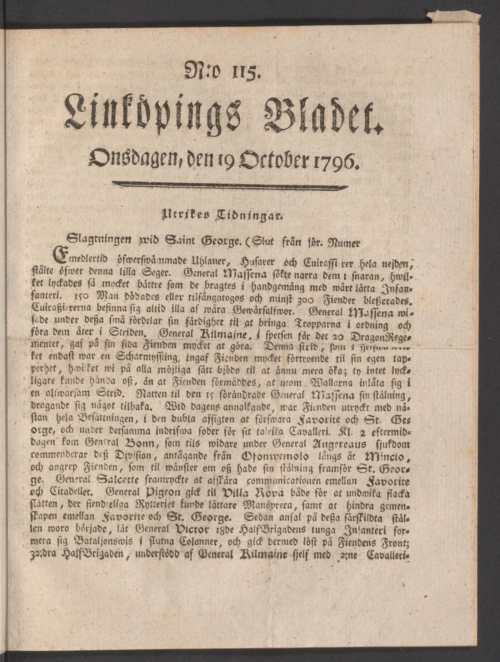 Tidningssida ur LINKÖPINGSBLADET, 1796-10-19