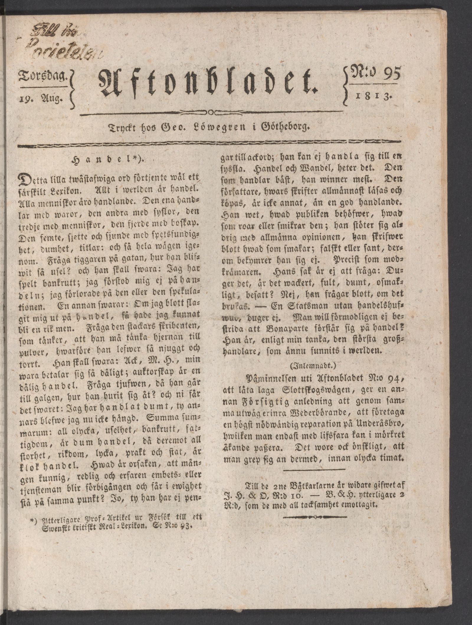 Tidningssida ur AFTONBLADET, 1813-08-19