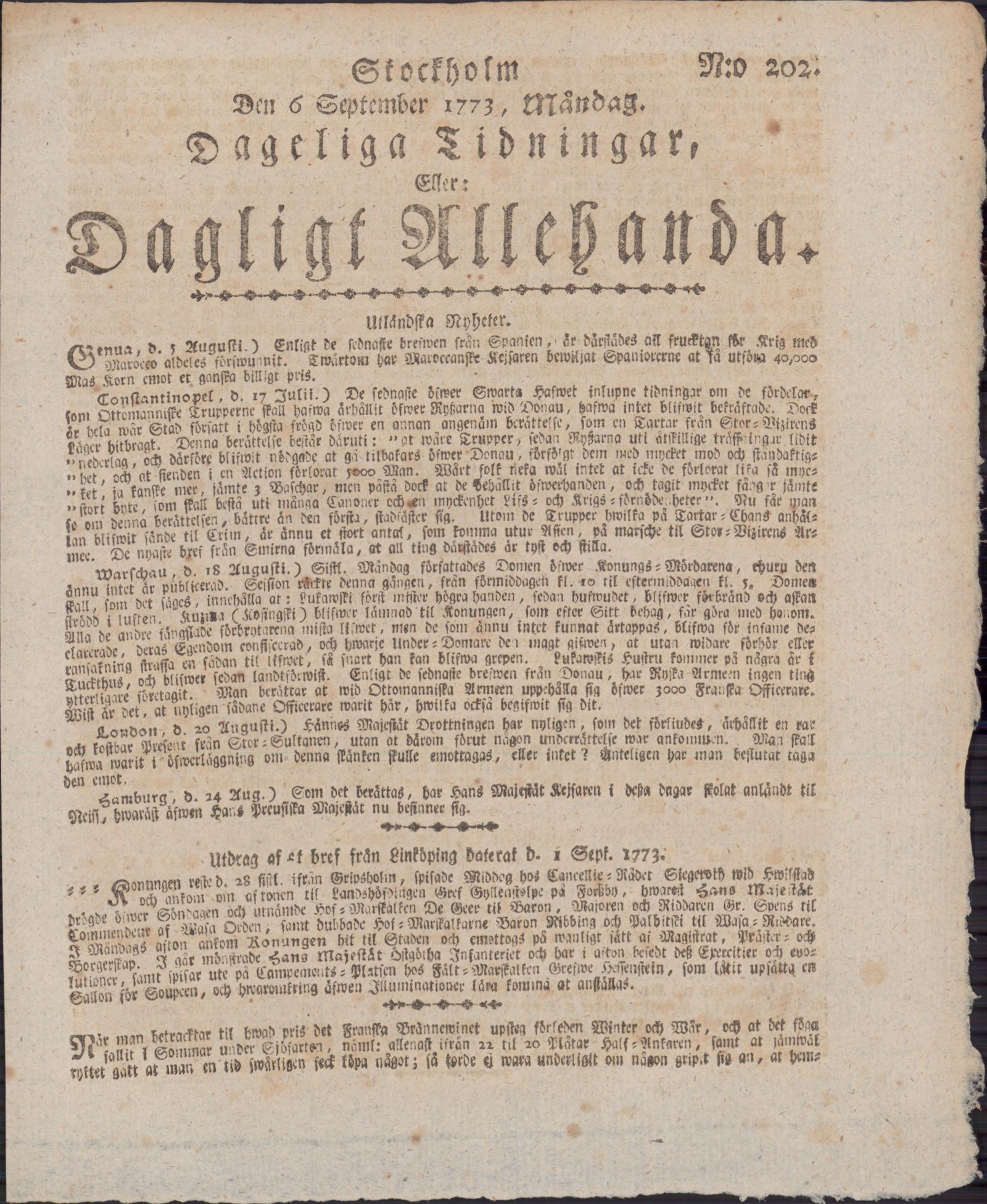 Tidningssida ur DAGLIGT ALLEHANDA, 1773-09-06