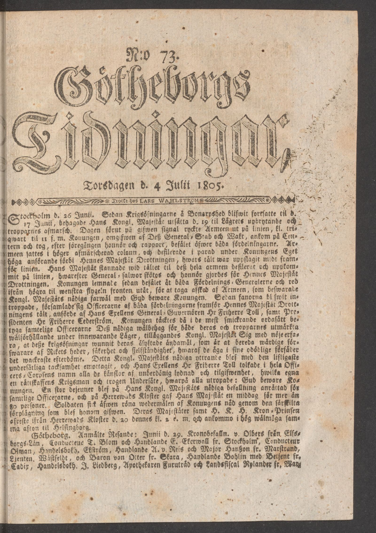 Tidningssida ur GÖTHEBORGS TIDNINGAR, 1805-07-04