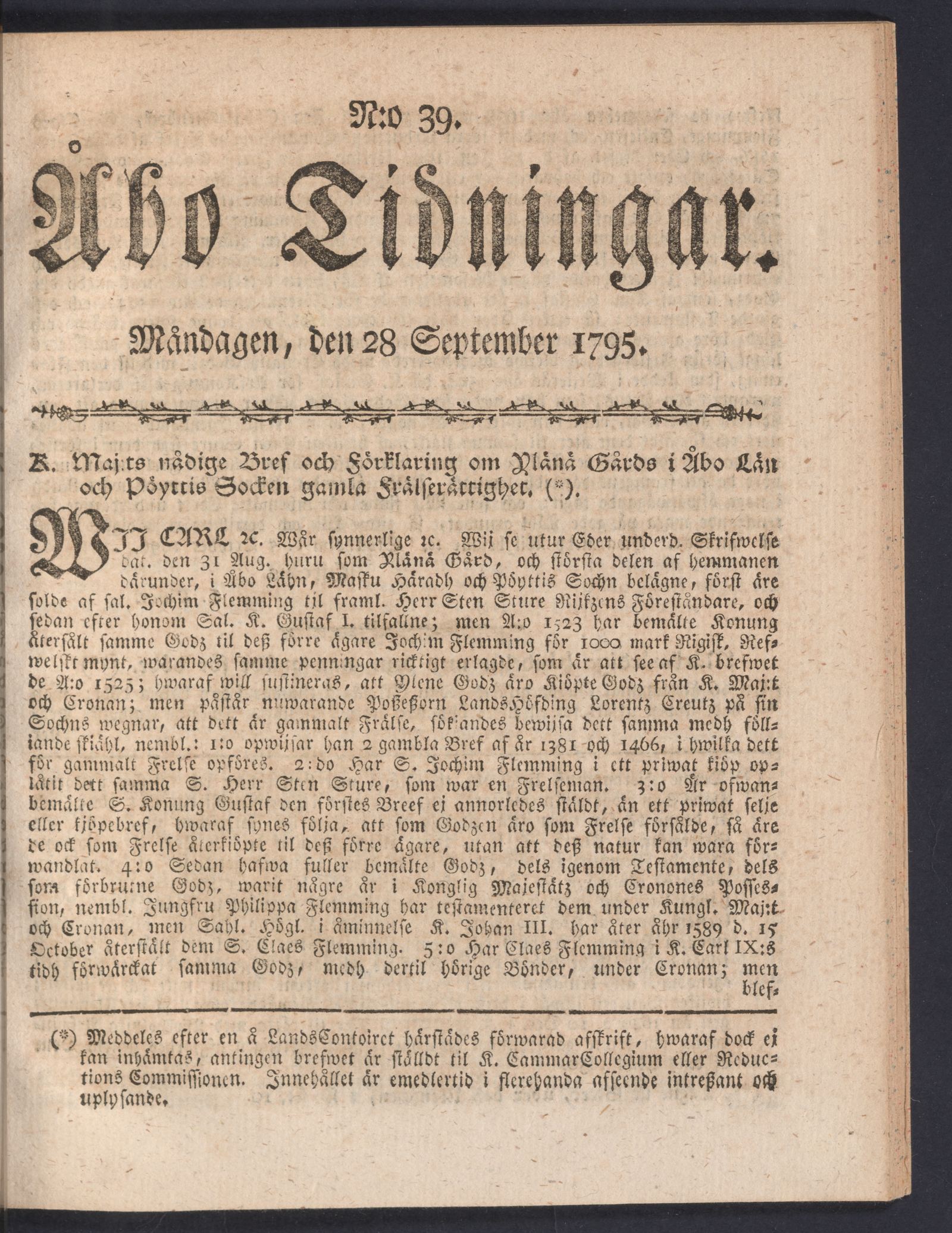 Tidningssida ur ÅBO TIDNINGAR, 1795-09-28