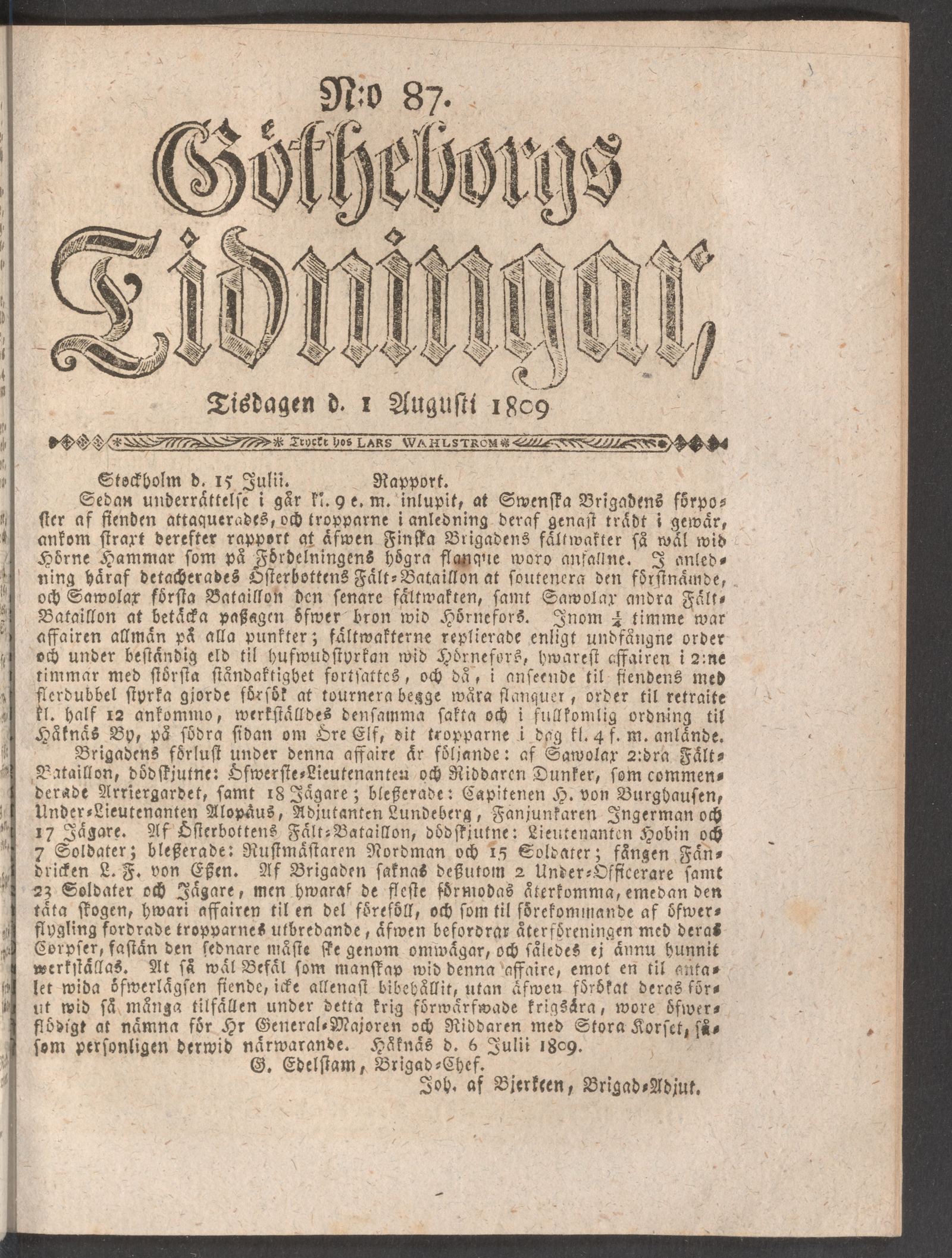 Tidningssida ur GÖTHEBORGS TIDNINGAR, 1809-08-01