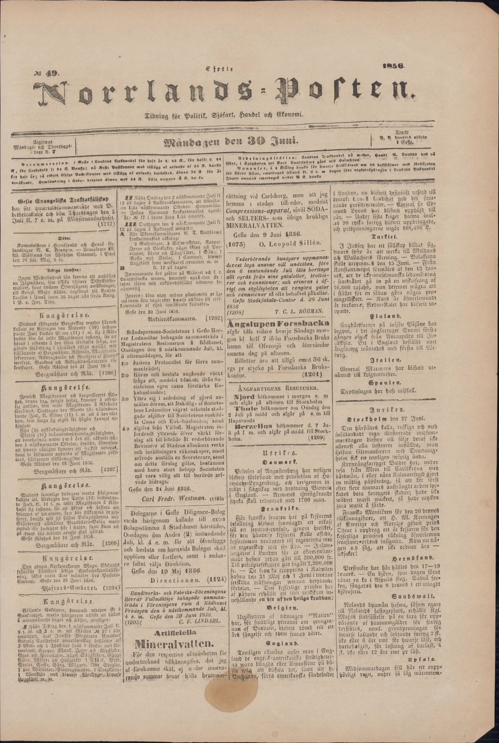 Tidningssida ur NORRLANDSPOSTEN, 1856-06-30