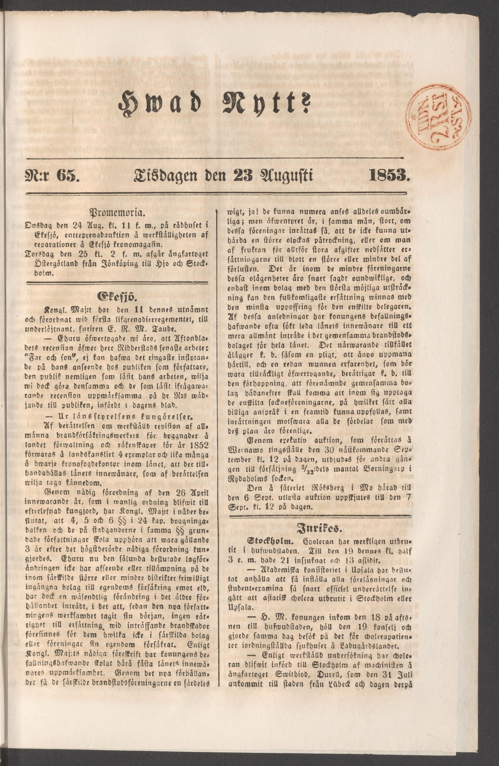 Tidningssida ur HVAD NYTT?, 1853-08-23