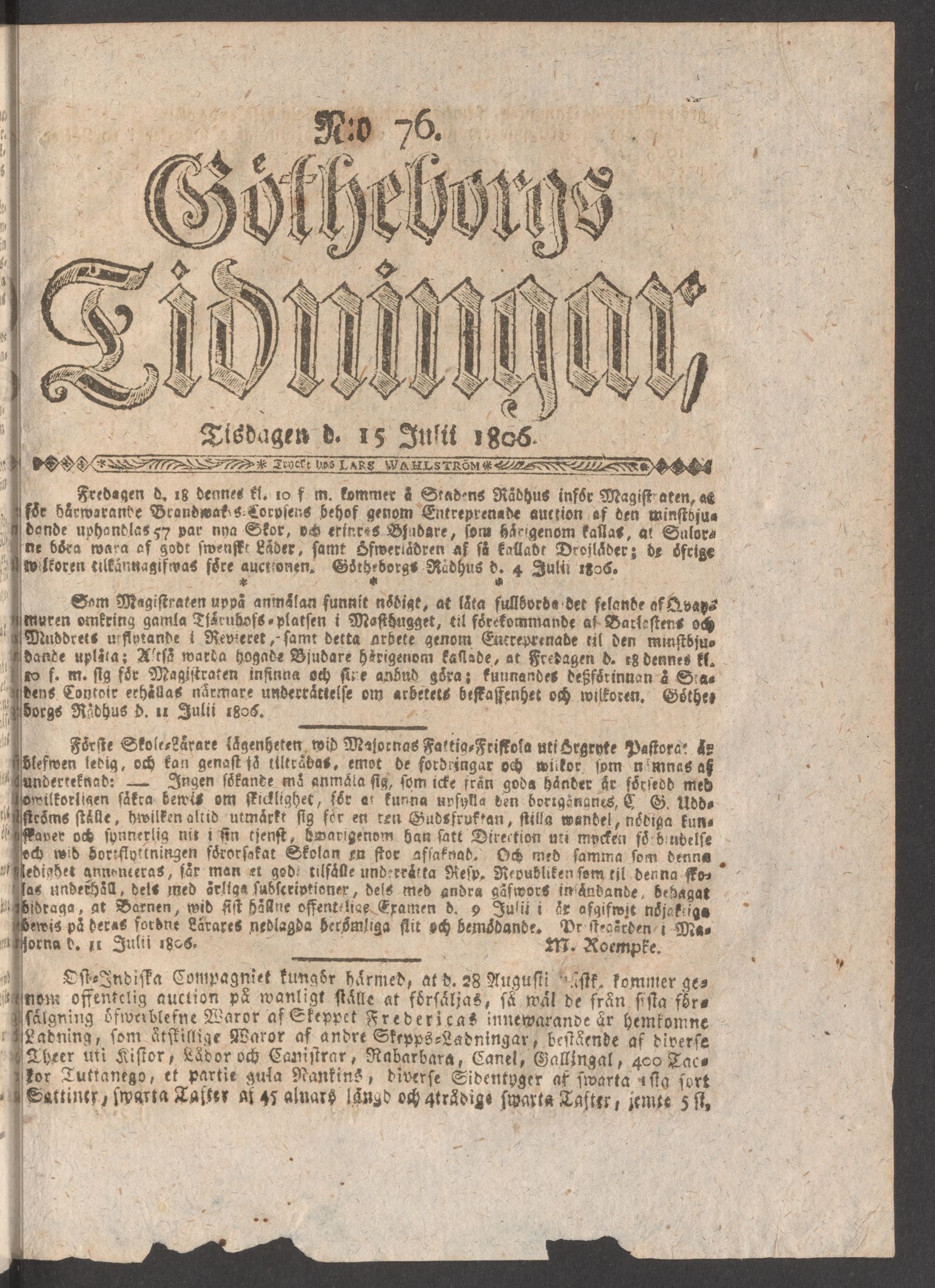 Tidningssida ur GÖTHEBORGS TIDNINGAR, 1806-07-15