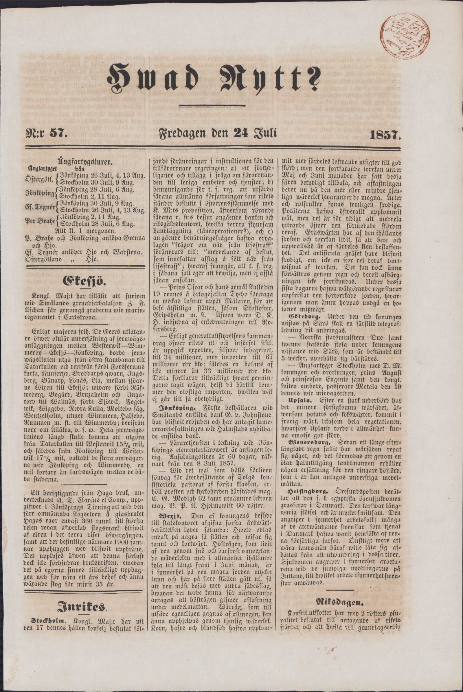 Tidningssida ur HVAD NYTT?, 1857-07-24