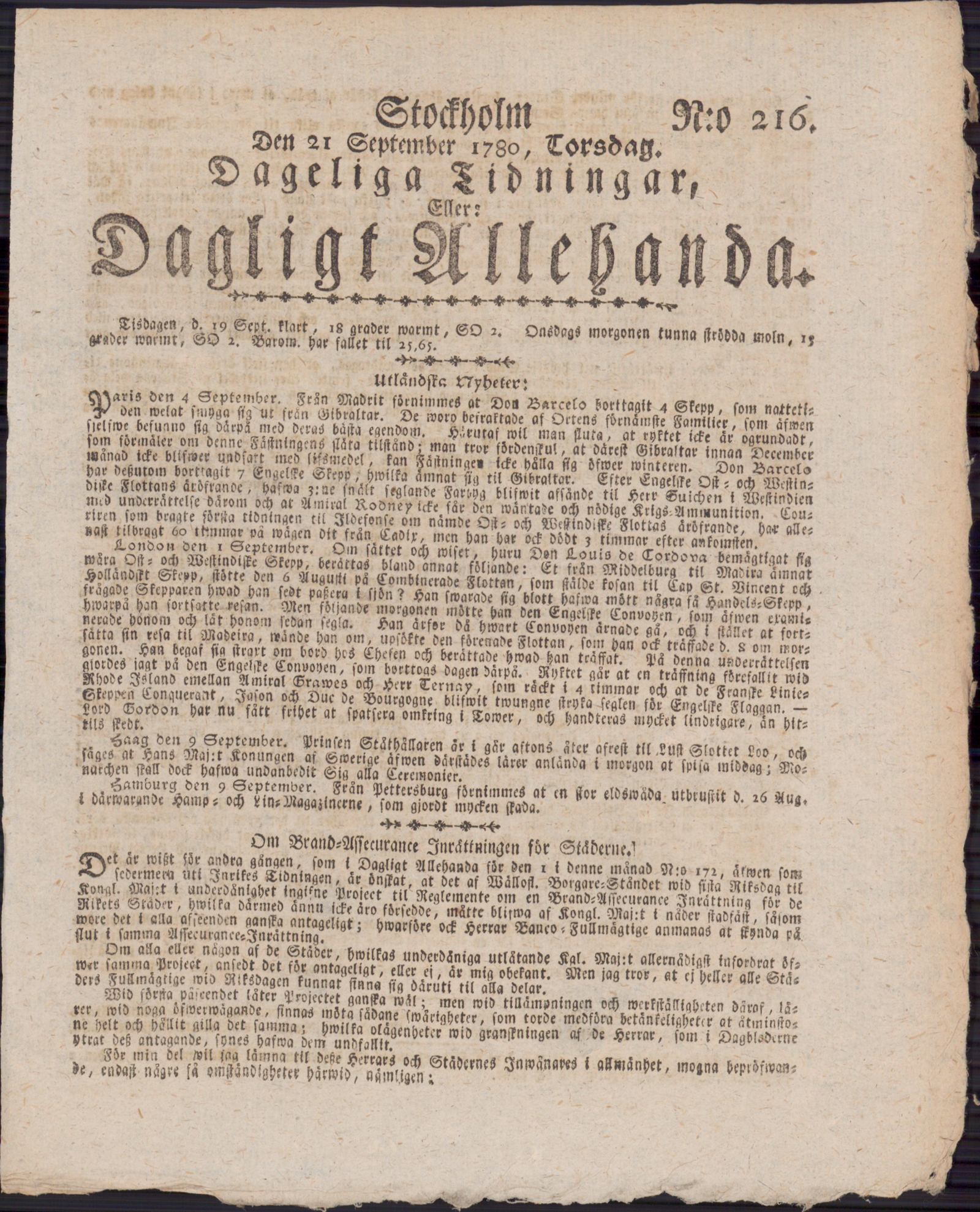 Tidningssida ur DAGLIGT ALLEHANDA, 1780-09-21