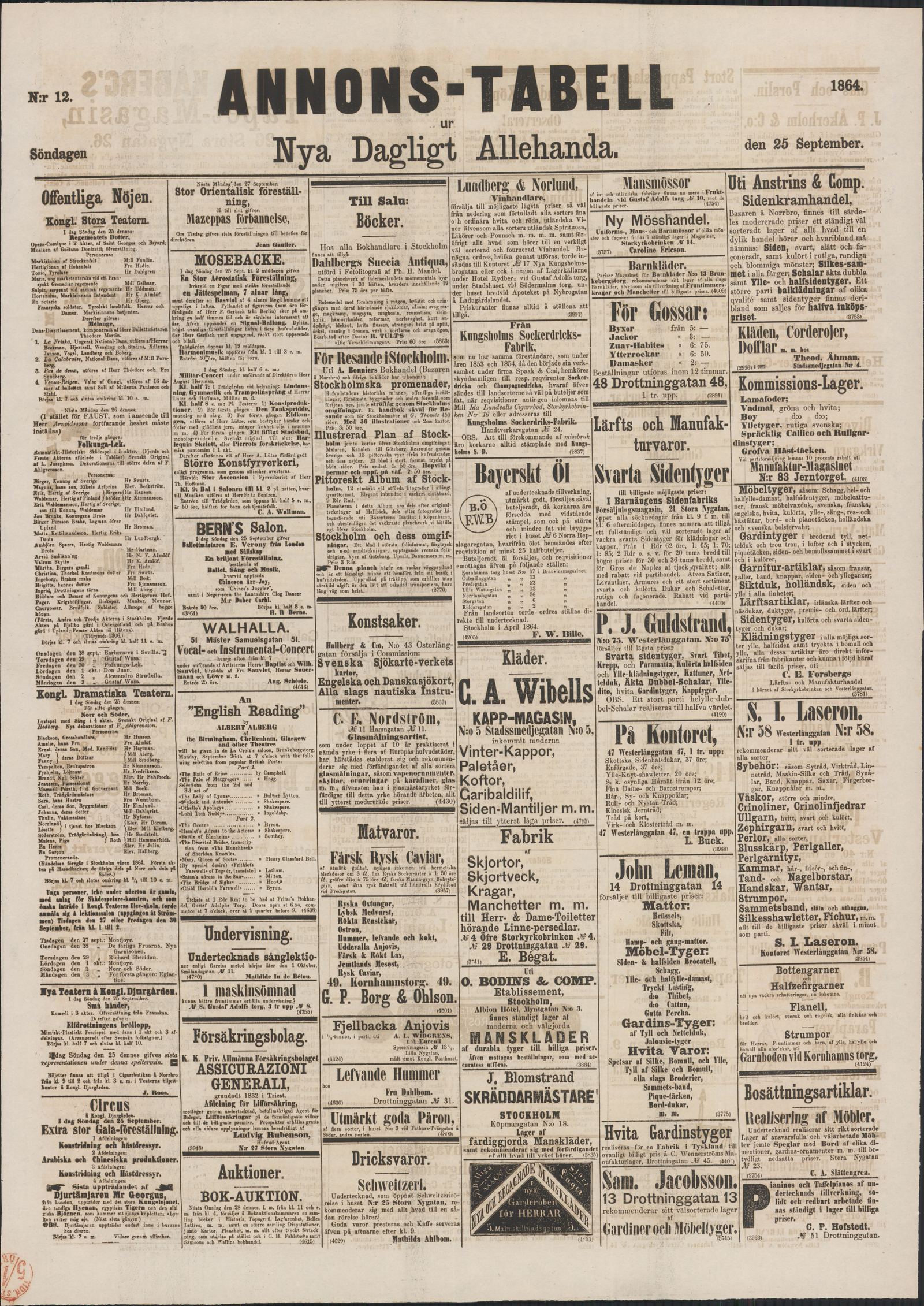 Tidningssida ur ANNONSTABELL, 1864-09-25