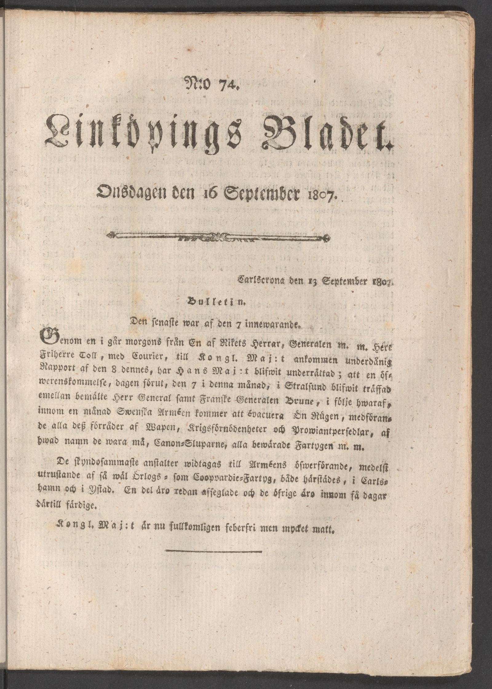 Tidningssida ur LINKÖPINGSBLADET, 1807-09-16