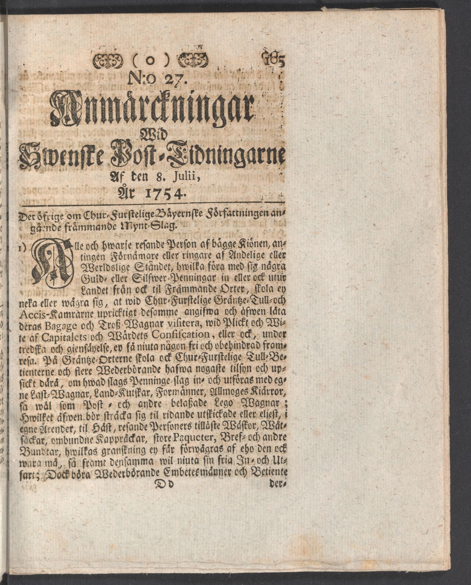 Tidningssida ur ANMÄRCKNINGAR WID SWENSKE POSTTIDNINGARNE, 1754-07-08