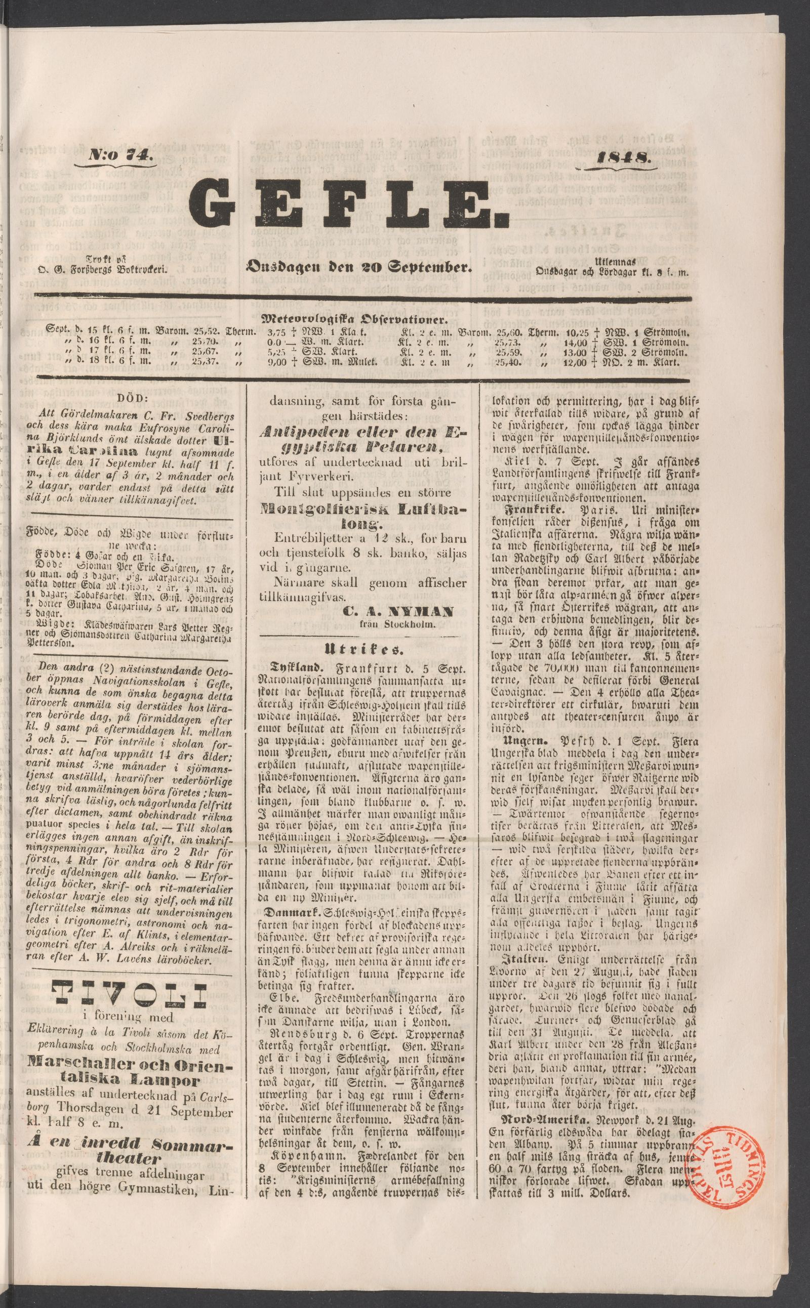 Tidningssida ur GEFLEBORGS LÄNS TIDNING, 1848-09-20