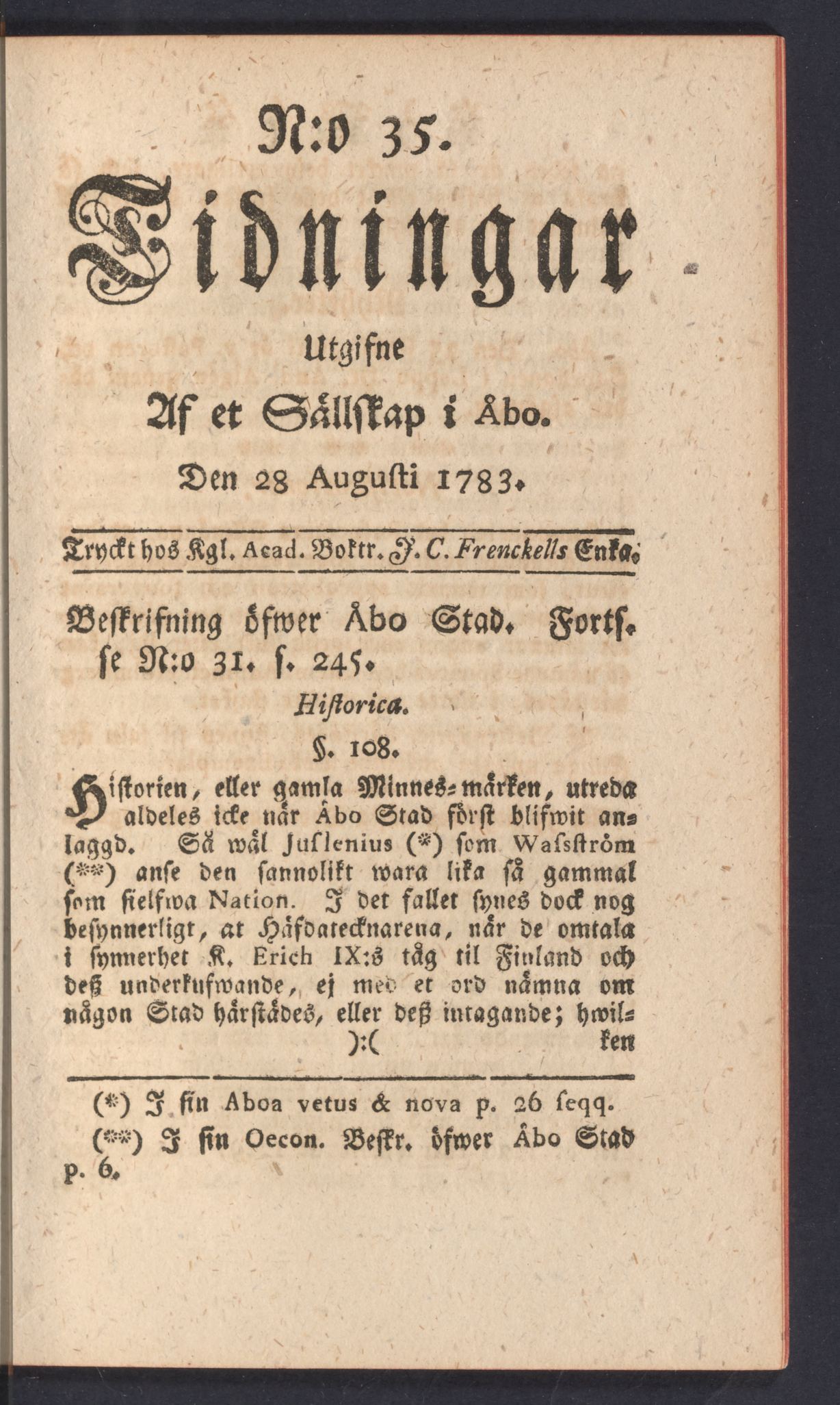 Tidningssida ur TIDNINGAR UTGIFNE AF ET SÄLLSKAP I ÅBO, 1783-08-28