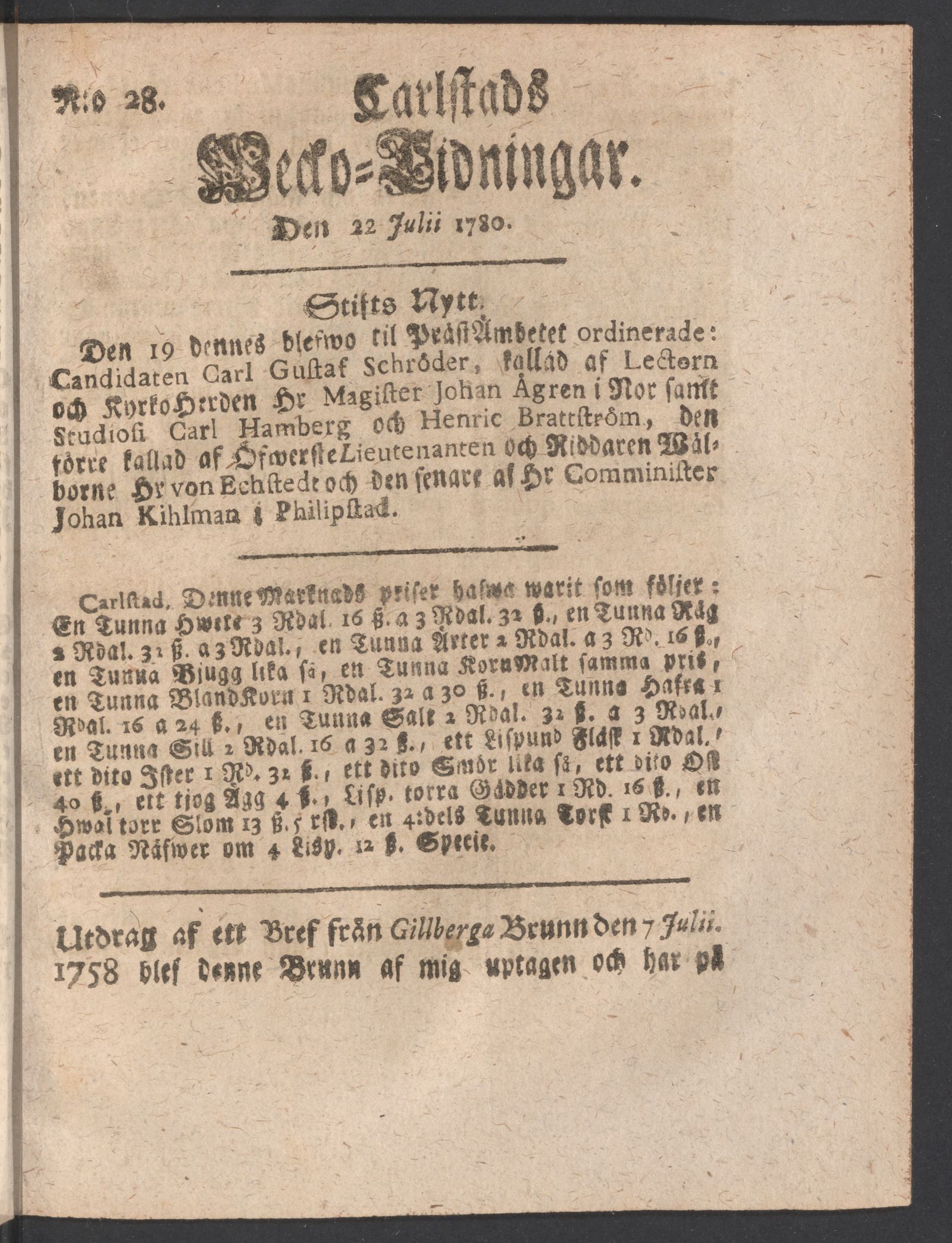 Tidningssida ur CARLSTADS WECKOTIDNINGAR, 1780-07-22
