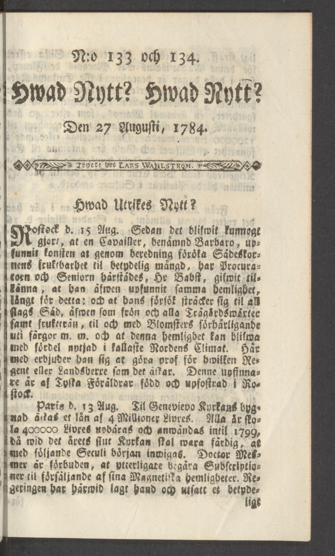 Tidningssida ur HWAD NYTT?, 1784-08-27