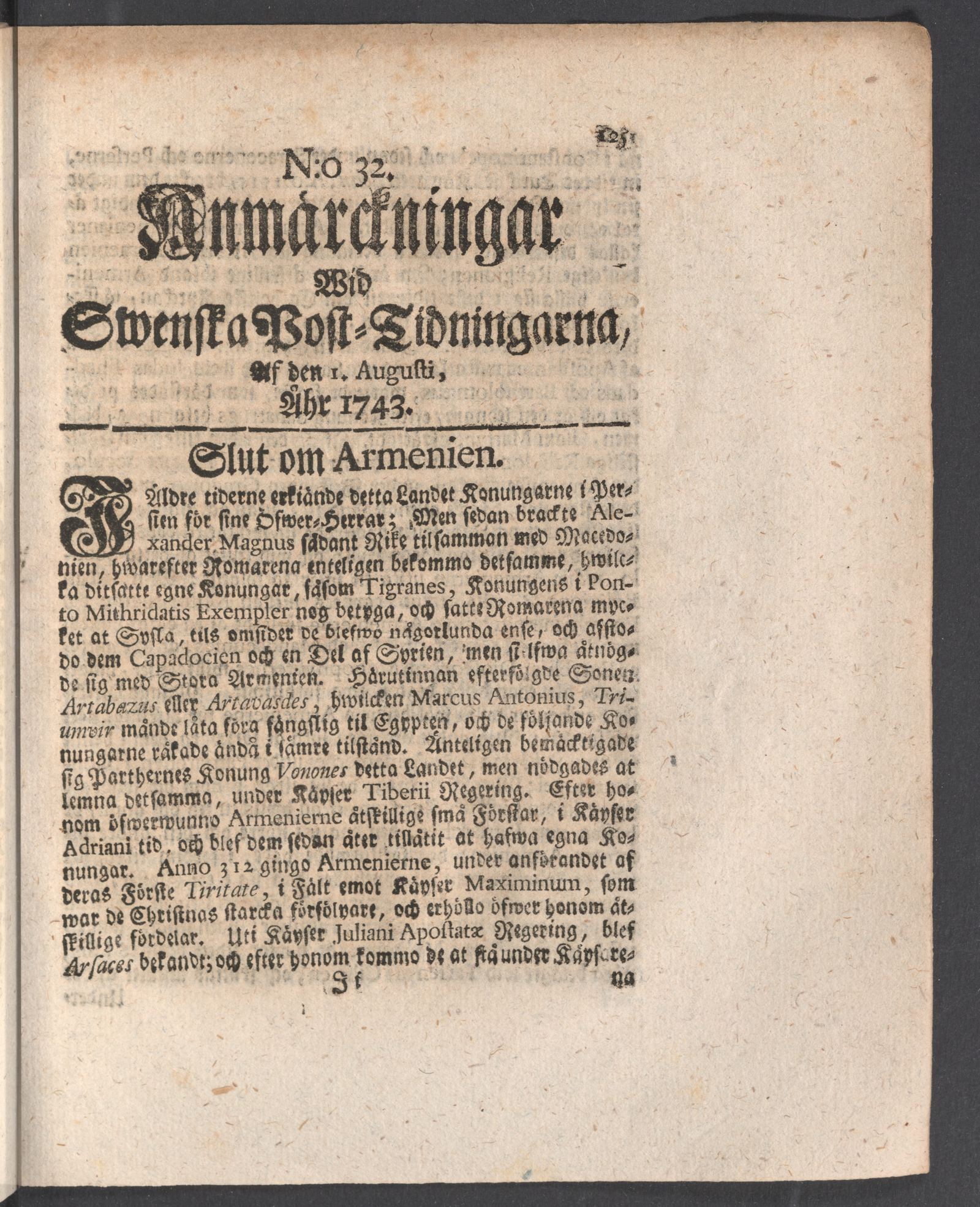 Tidningssida ur ANMÄRCKNINGAR WID SWENSKE POSTTIDNINGARNE, 1743-08-01