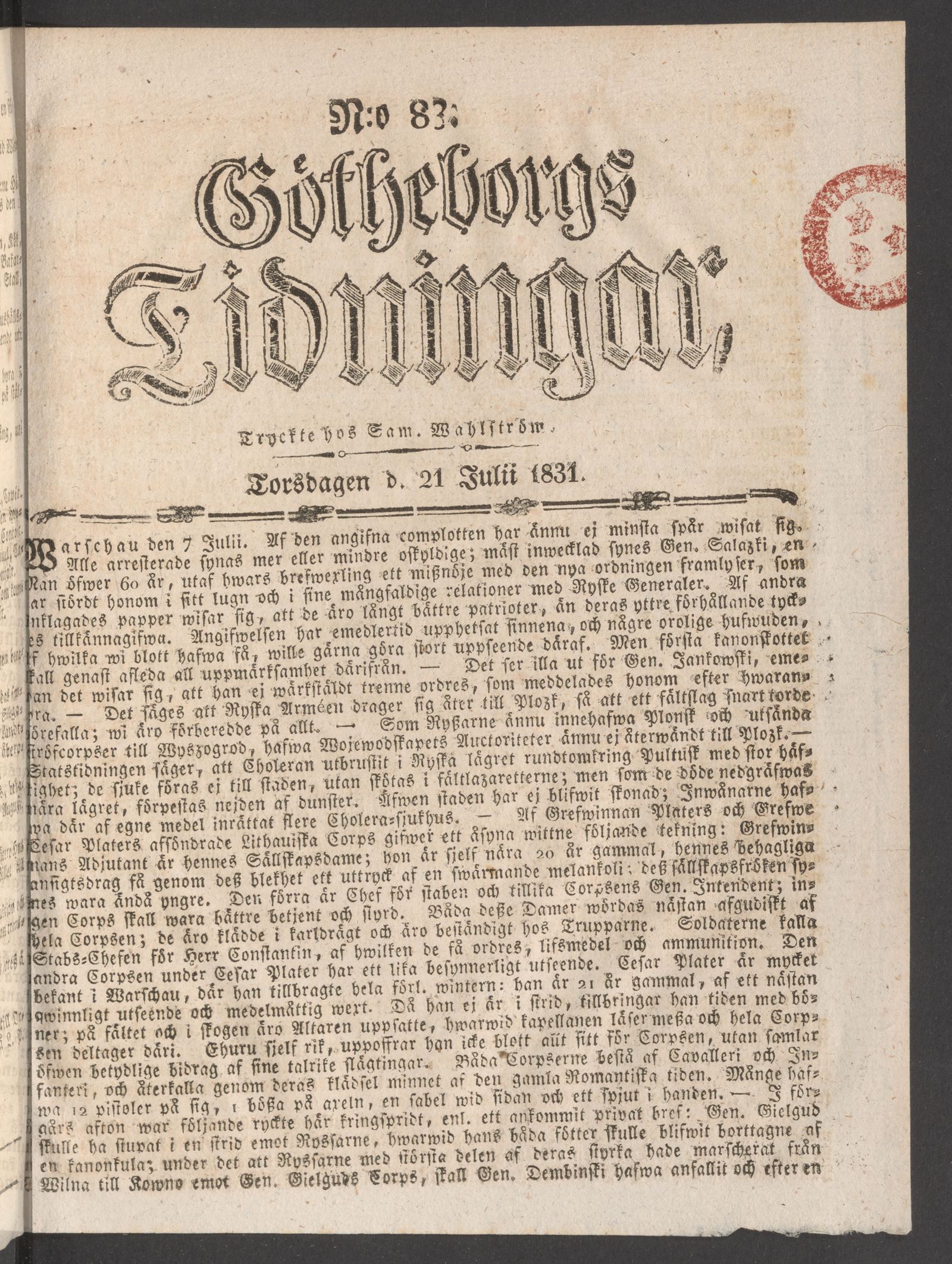 Tidningssida ur GÖTHEBORGS TIDNINGAR, 1831-07-21