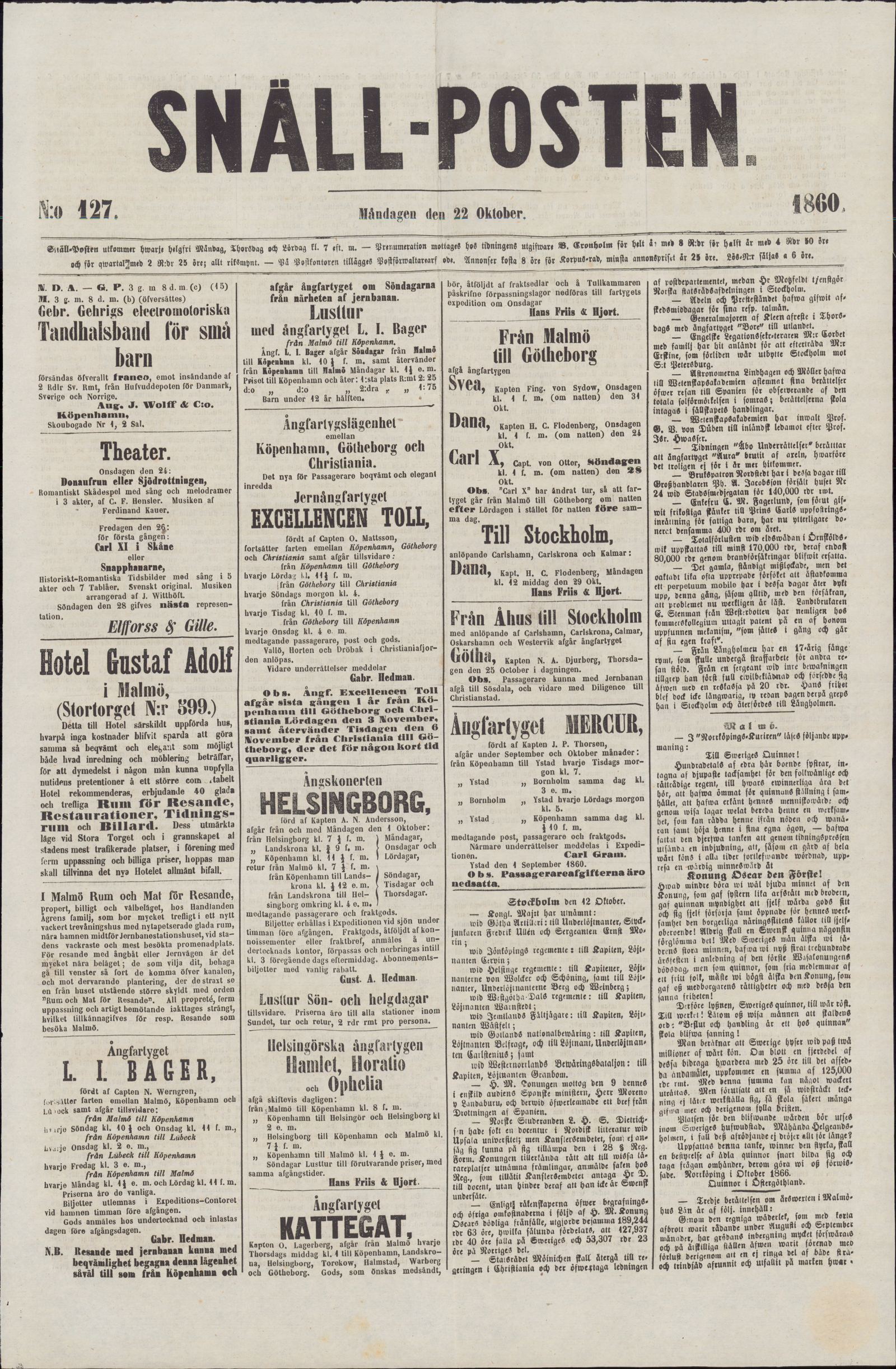 Tidningssida ur SNÄLLPOSTEN, 1860-10-22