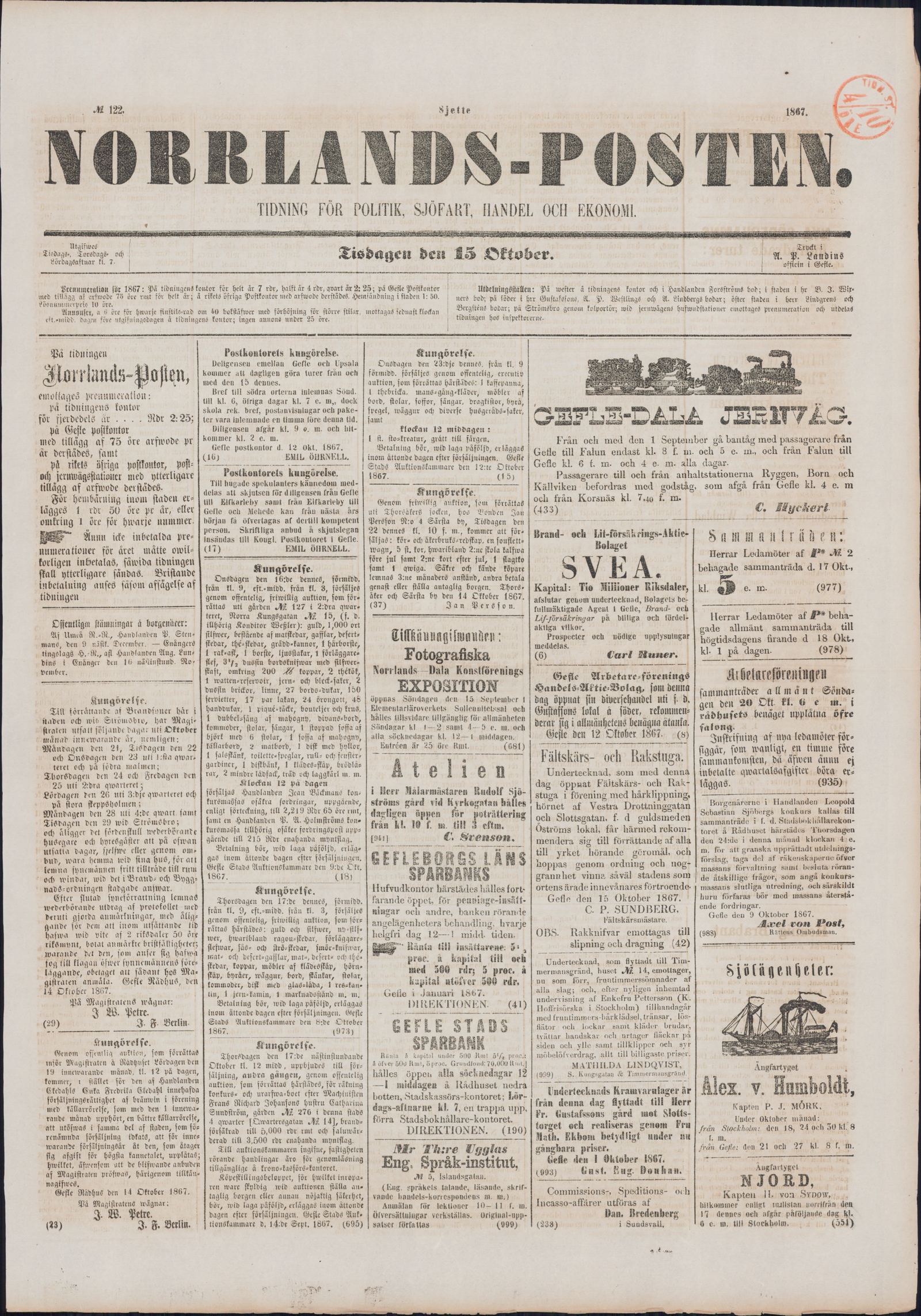 Tidningssida ur NORRLANDSPOSTEN, 1867-10-15