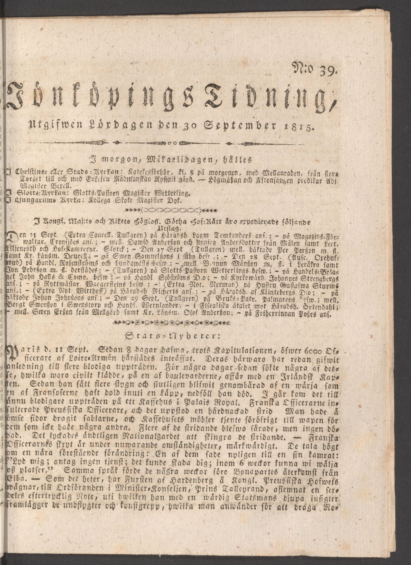Tidningssida ur JÖNKÖPINGS TIDNING, 1815-09-30