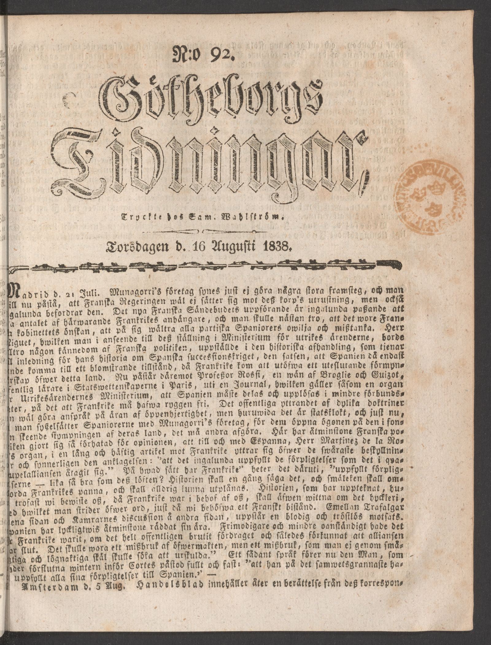 Tidningssida ur GÖTHEBORGS TIDNINGAR, 1838-08-16