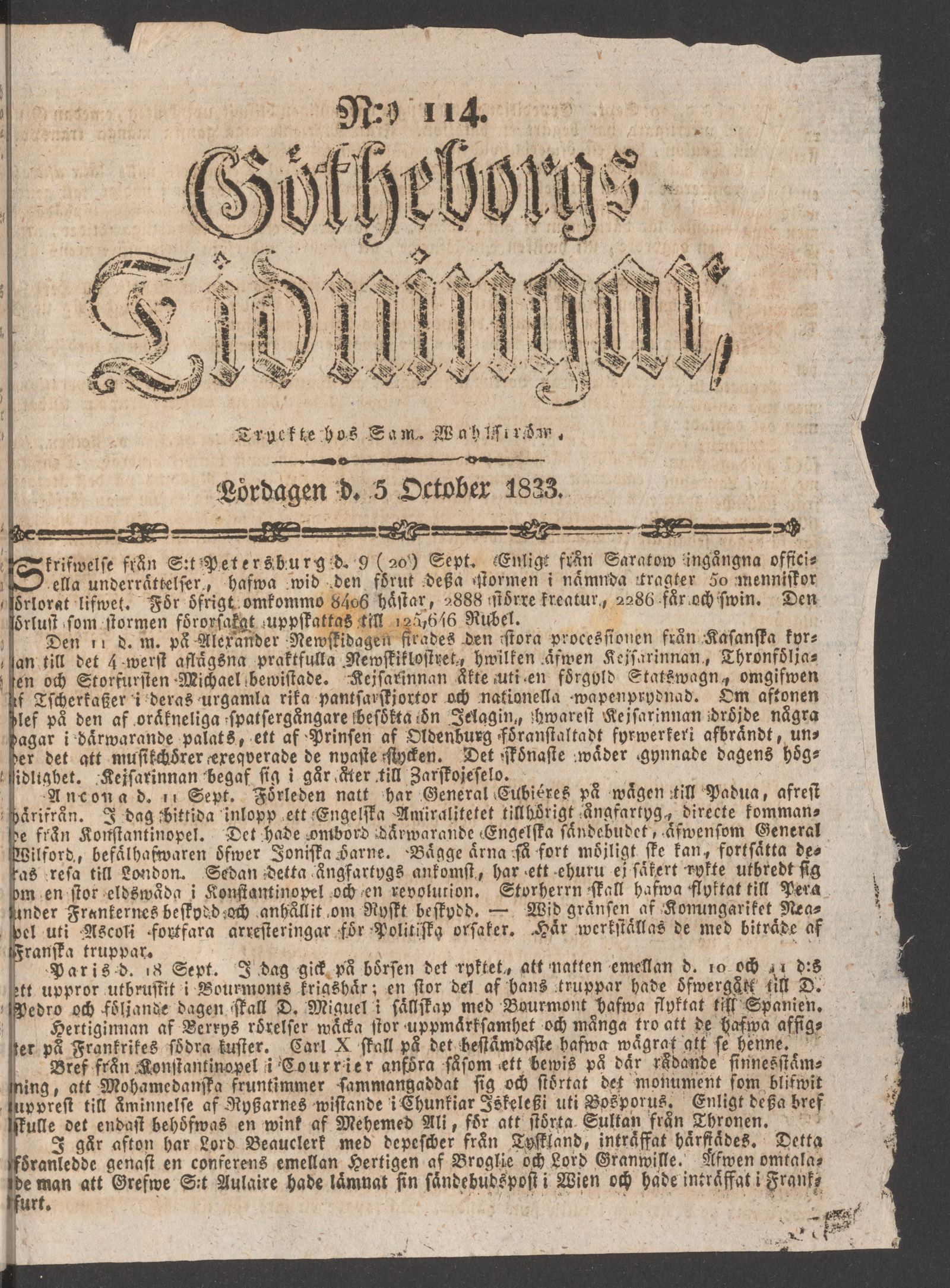 Tidningssida ur GÖTHEBORGS TIDNINGAR, 1833-10-05