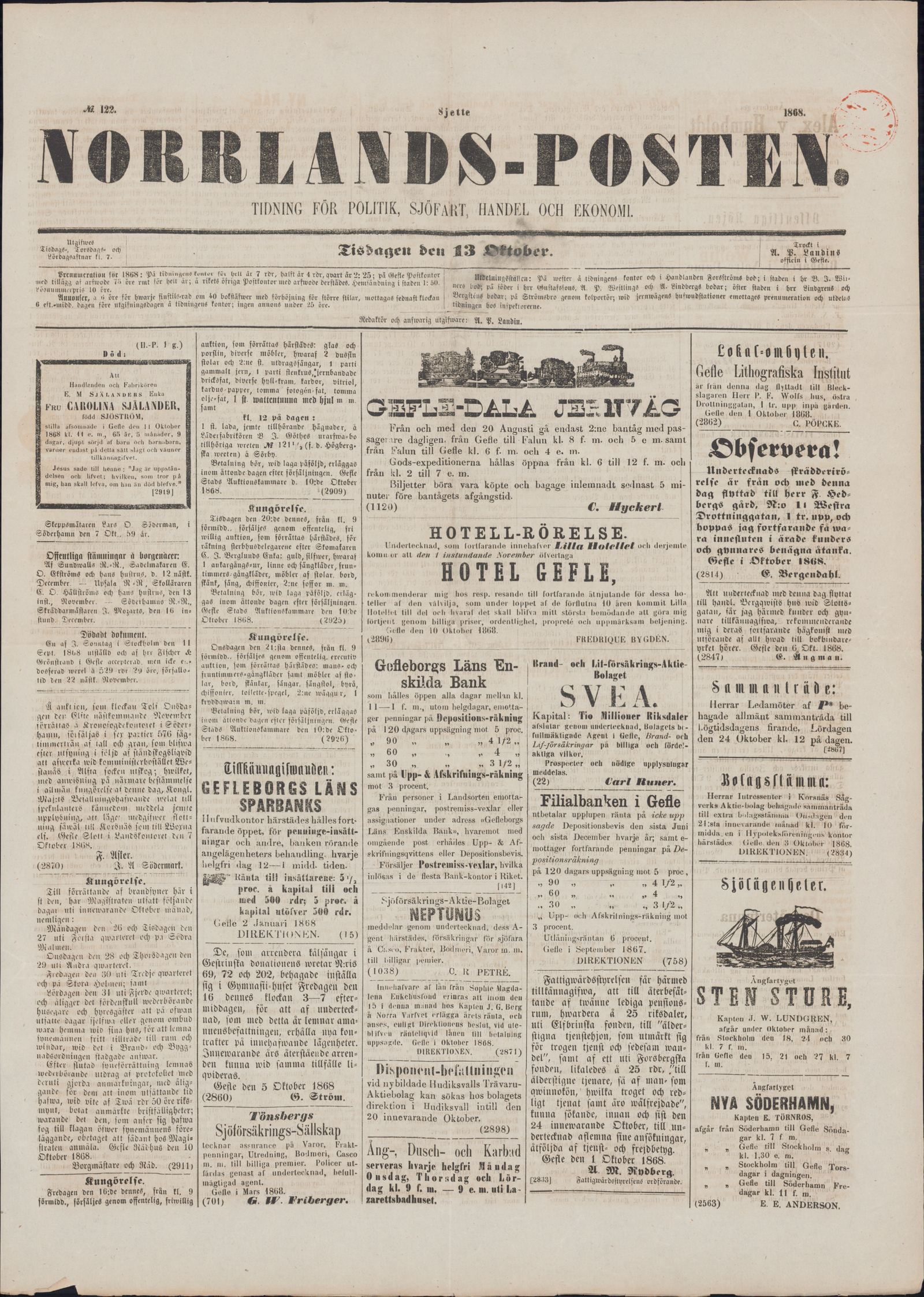 Tidningssida ur NORRLANDSPOSTEN, 1868-10-13