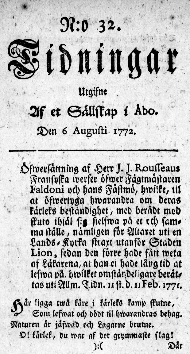 Tidningssida ur TIDNINGAR UTGIFNE AF ET SÄLLSKAP I ÅBO, 1772-08-06