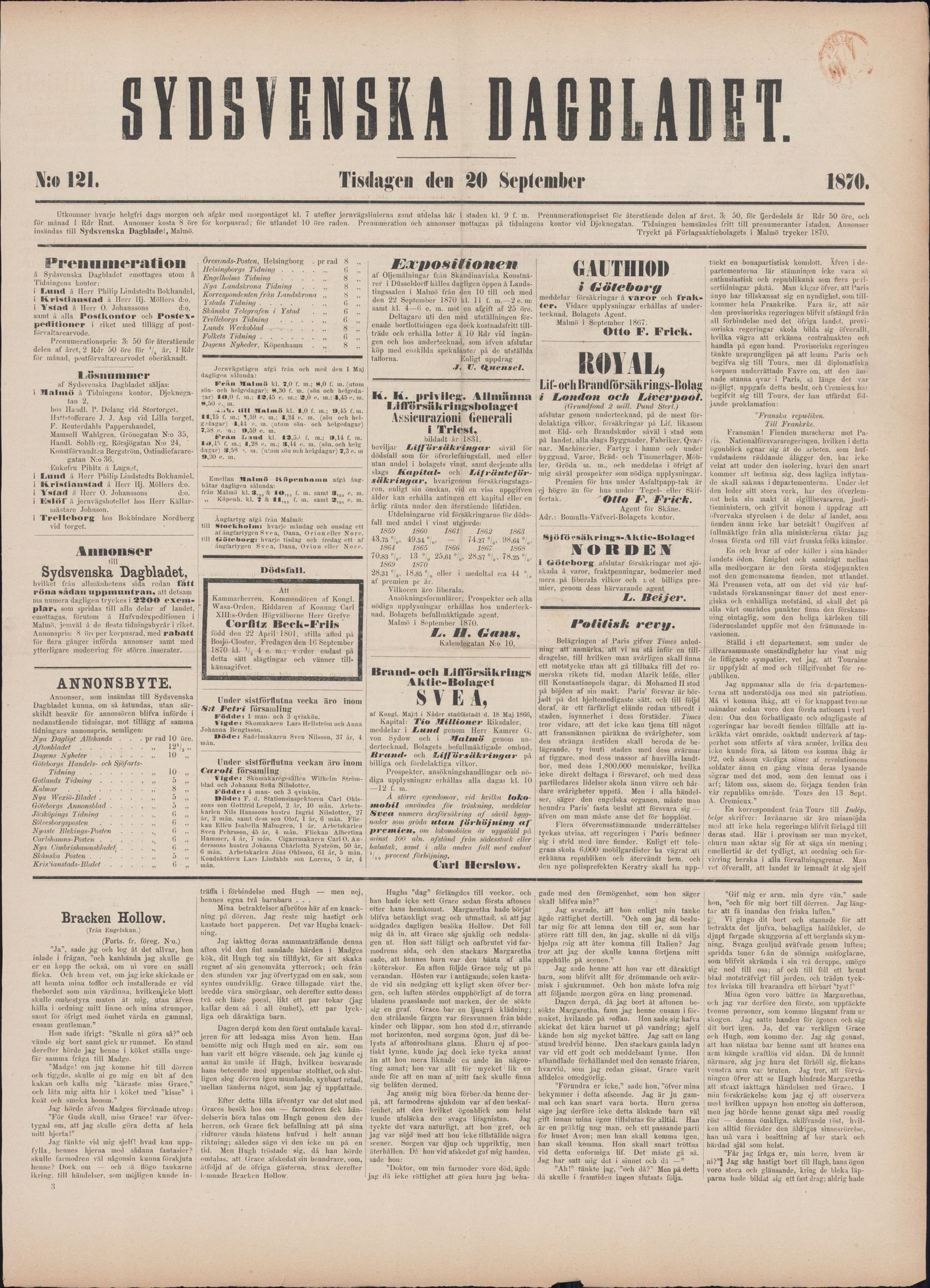 Tidningssida ur SYDSVENSKA DAGBLADET, 1870-09-20