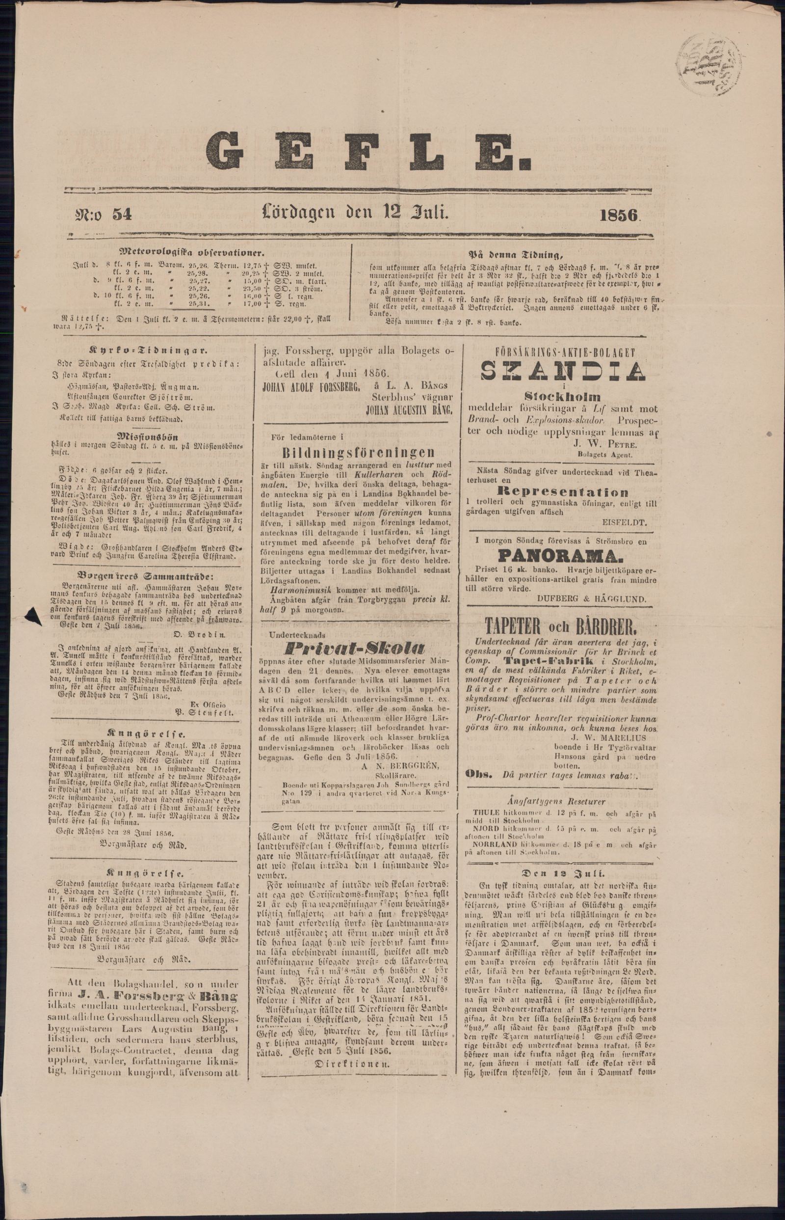 Tidningssida ur GEFLEBORGS LÄNS TIDNING, 1856-07-12